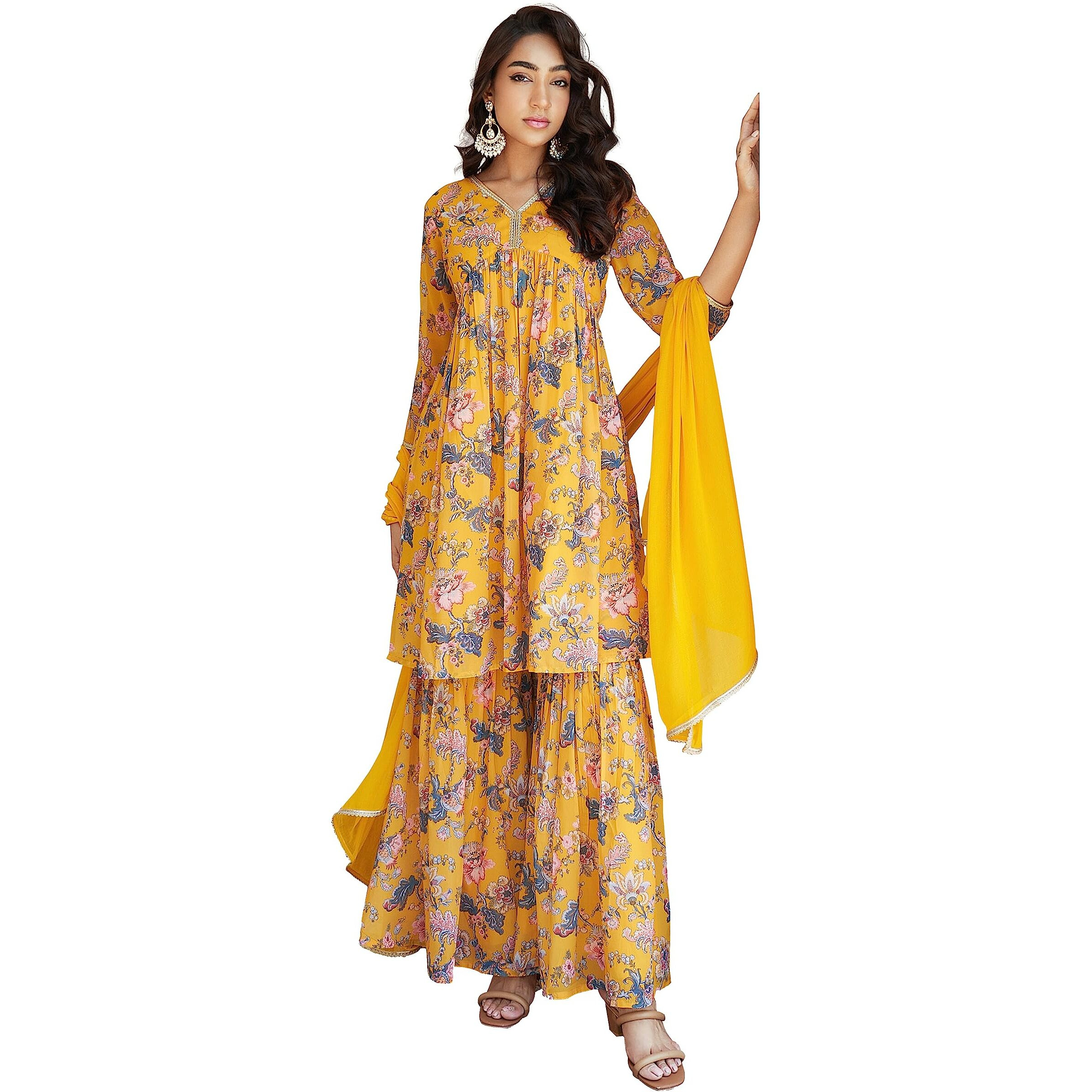 Janasya Women's Yellow Georgette Digital Floral Printed Kurta with Sharara and Dupatta(SET754-KR-SHA-XS)