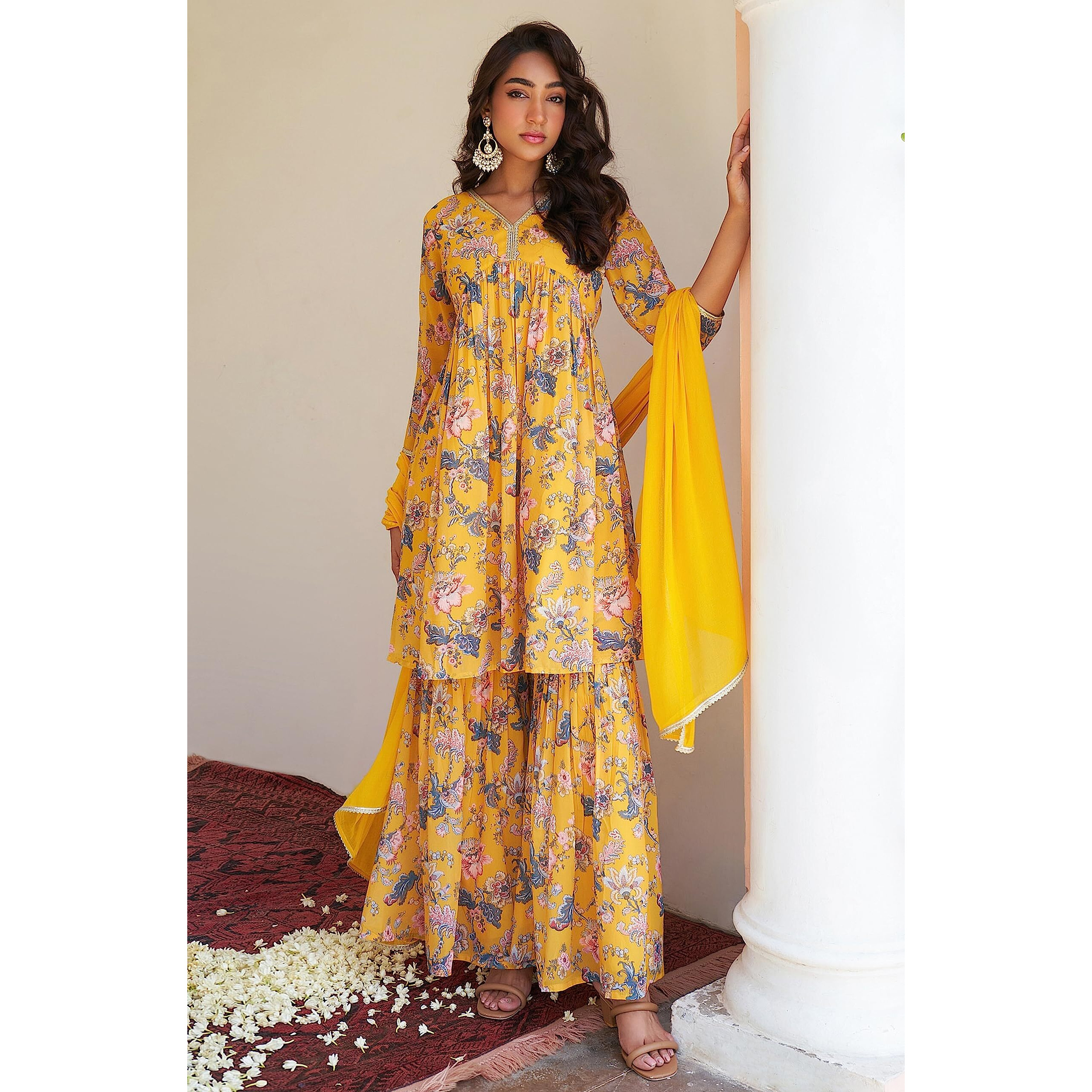 Janasya Women's Yellow Georgette Digital Floral Printed Kurta with Sharara and Dupatta(SET754-KR-SHA-XS)