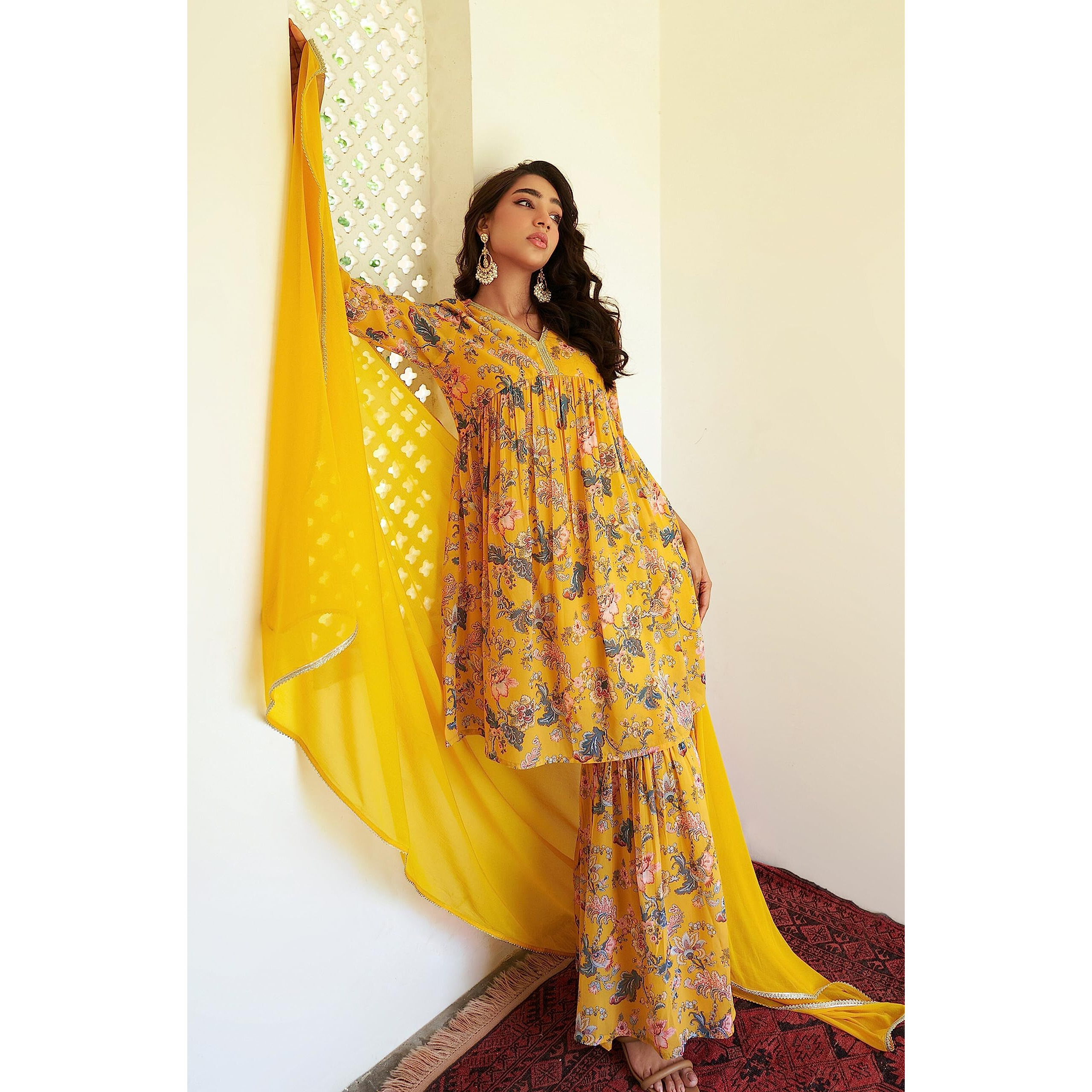 Janasya Women's Yellow Georgette Digital Floral Printed Kurta with Sharara and Dupatta(SET754-KR-SHA-XS)