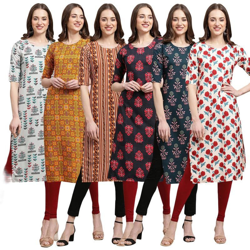 Pinkmint Printed Kurti for Women's ll Straight Kurtis for Women's ll Stylished Kurti (Pack of 6)