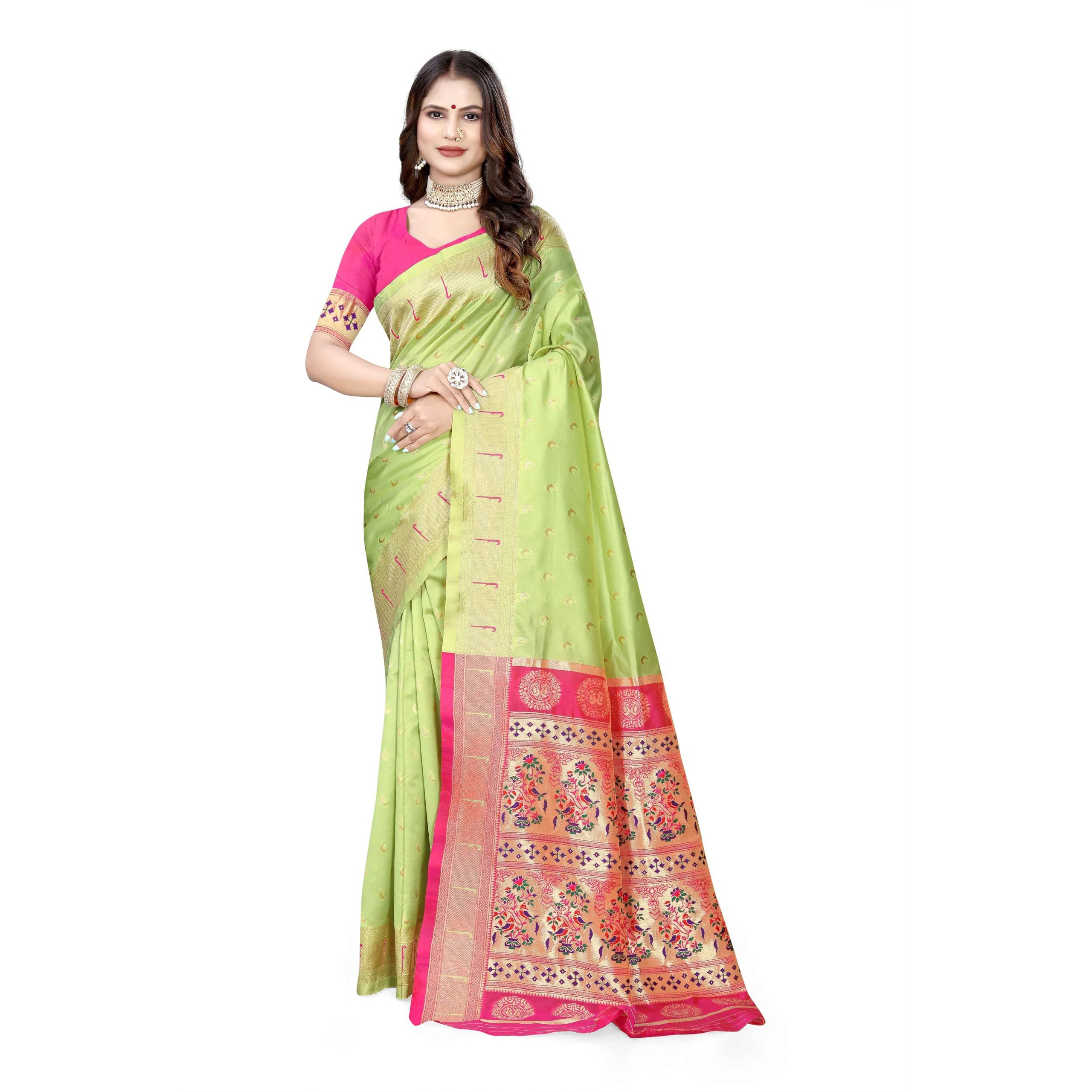 Sugathari Women's Banarasi Saree Pure Paithani Kanjivaram Silk Soft new ladies 2024 Design Wear Pattu Sarees Latest Cotton Party Sari collections With Blouse Piece for Wedding sadi (PARI-206 PISTA)
