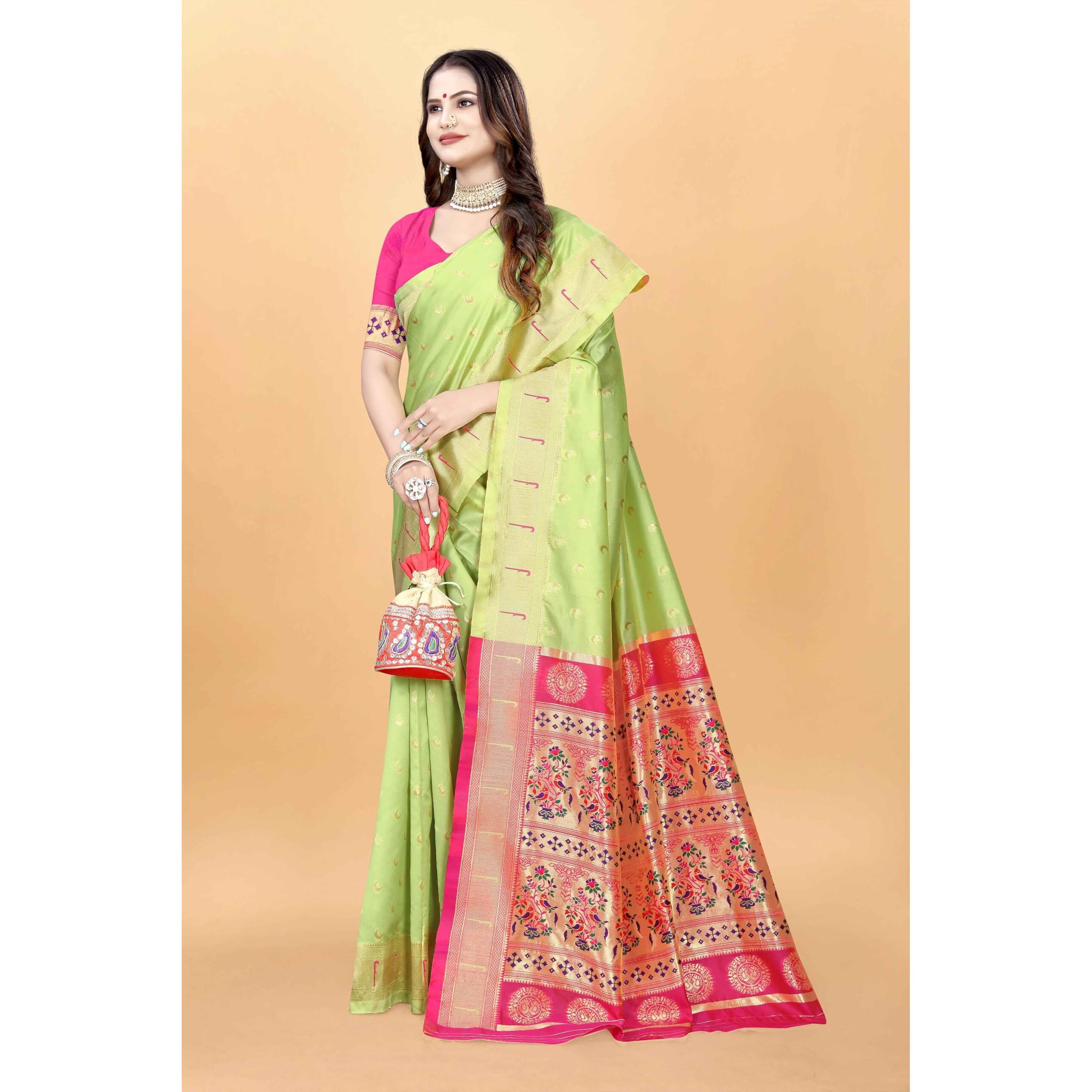 Sugathari Women's Banarasi Saree Pure Paithani Kanjivaram Silk Soft new ladies 2024 Design Wear Pattu Sarees Latest Cotton Party Sari collections With Blouse Piece for Wedding sadi (PARI-206 PISTA)