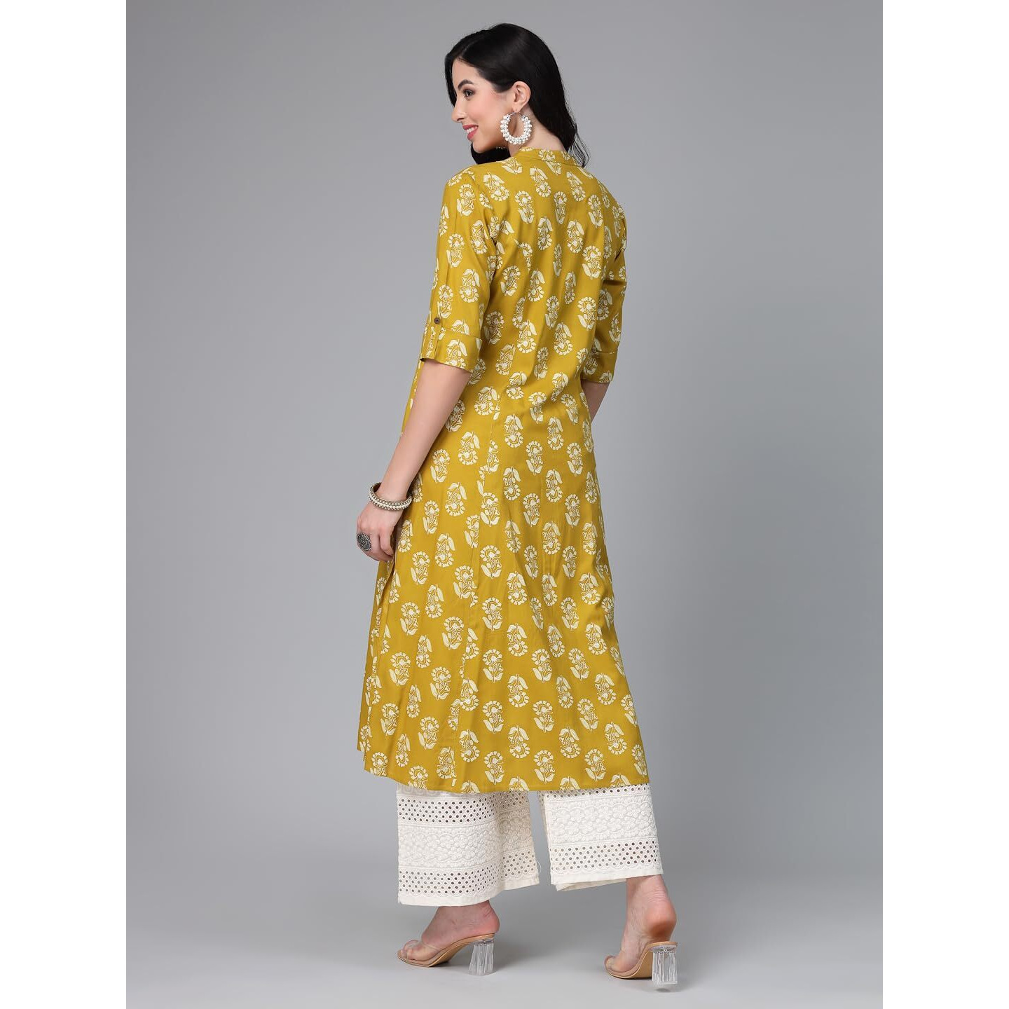 Stylum Women's Floral Printed Rayon A-Line Kurta (JOHNYCORN40_Lime Green, L)