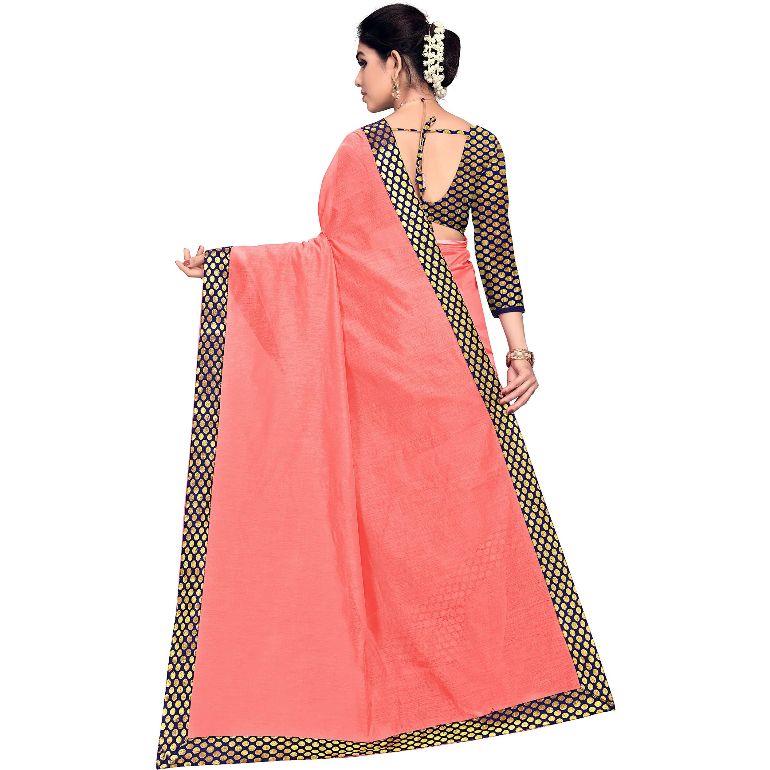 StyleScope Women's Cotton Blend Saree With Cotton Blend Unstitched Blouse Piece.(Peach,Navy Blue)
