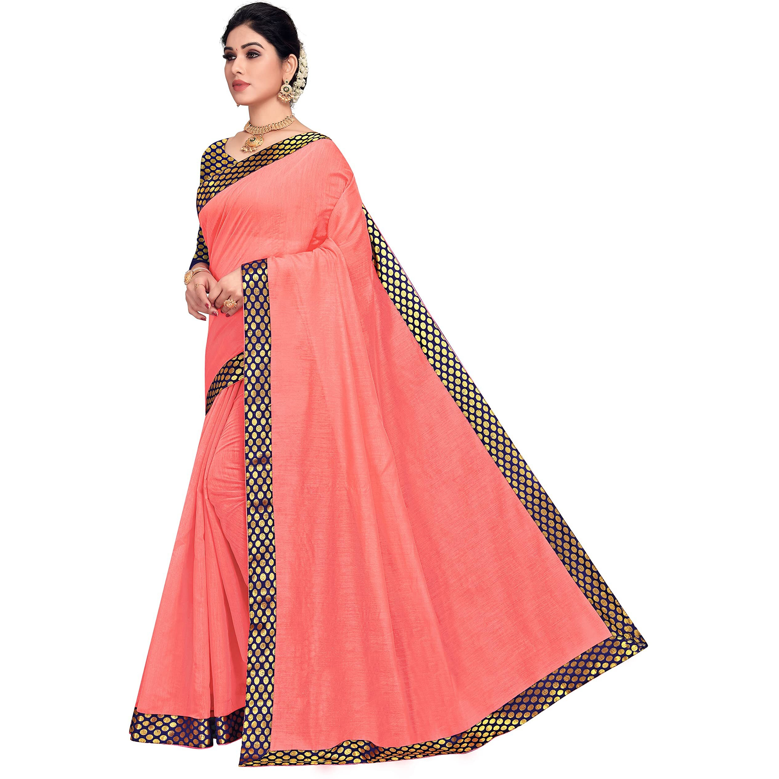 StyleScope Women's Cotton Blend Saree With Cotton Blend Unstitched Blouse Piece.(Peach,Navy Blue)