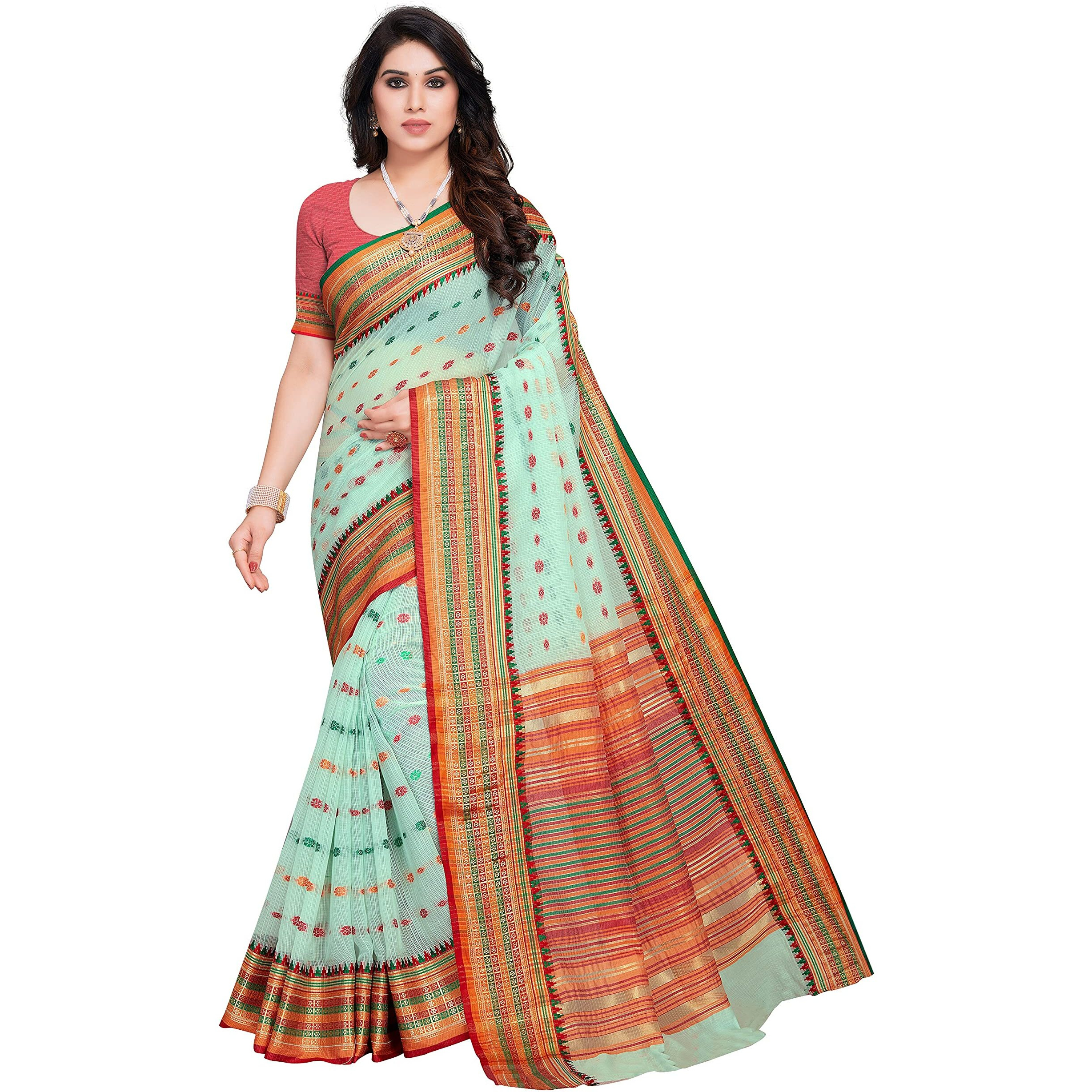 StyleScope Women's Kota Doria Cotton Butty Weaving Zari Jacquard Bordered Saree With Cotton Blend Unstitched Blouse Piece (Mint Green,Yellow)