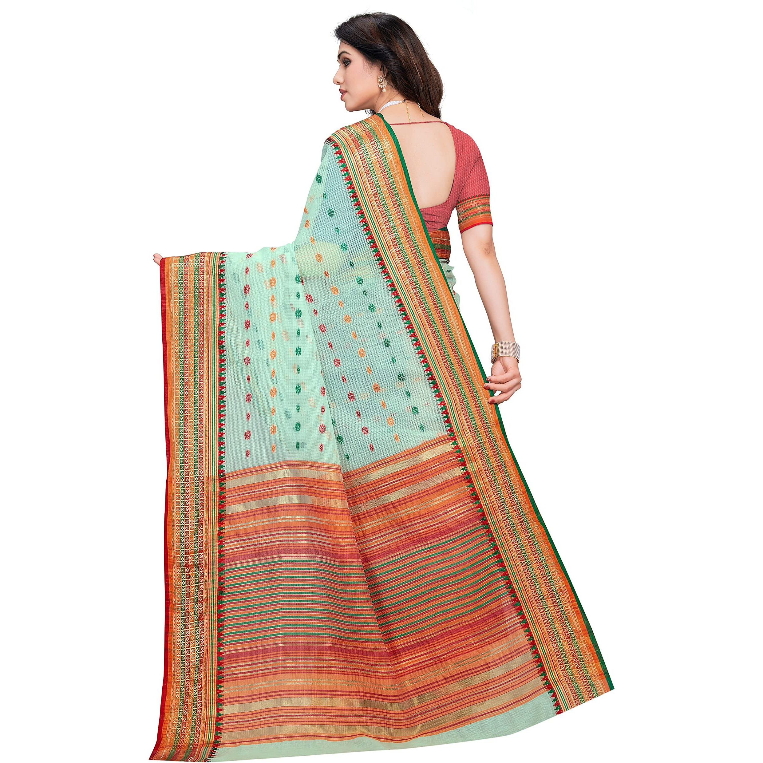 StyleScope Women's Kota Doria Cotton Butty Weaving Zari Jacquard Bordered Saree With Cotton Blend Unstitched Blouse Piece (Mint Green,Yellow)