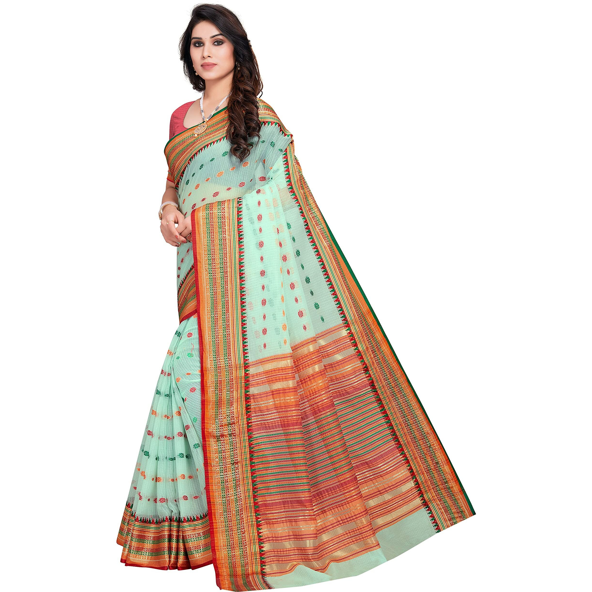 StyleScope Women's Kota Doria Cotton Butty Weaving Zari Jacquard Bordered Saree With Cotton Blend Unstitched Blouse Piece (Mint Green,Yellow)