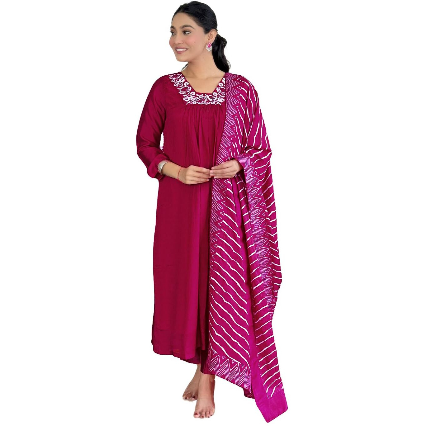 Naixa Women's Gajri Silk Chiffon Embroidered Flared Kurta with Silk Chiffon Pant and Poly Chiffon Printed Dupatta Sets (NX-516-Gajri-M)