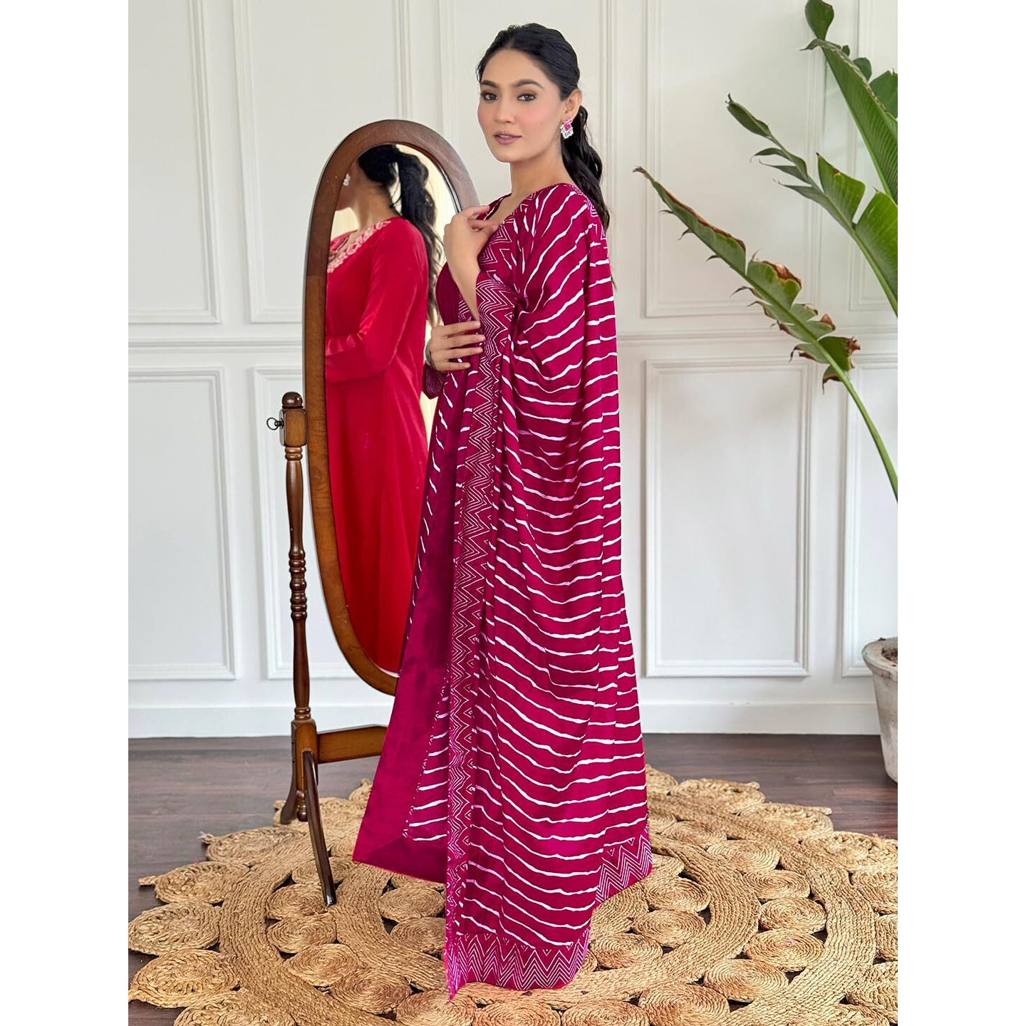 Naixa Women's Gajri Silk Chiffon Embroidered Flared Kurta with Silk Chiffon Pant and Poly Chiffon Printed Dupatta Sets (NX-516-Gajri-M)