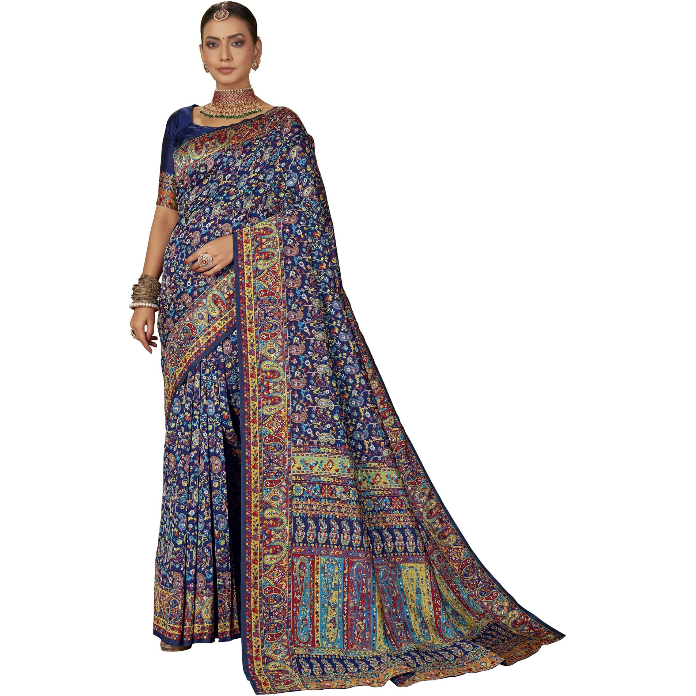 Glory Sarees Women's Kashmiri Pashmina Silk Woven Saree With Blouse Piece (Heritage_Silk110_Navy)