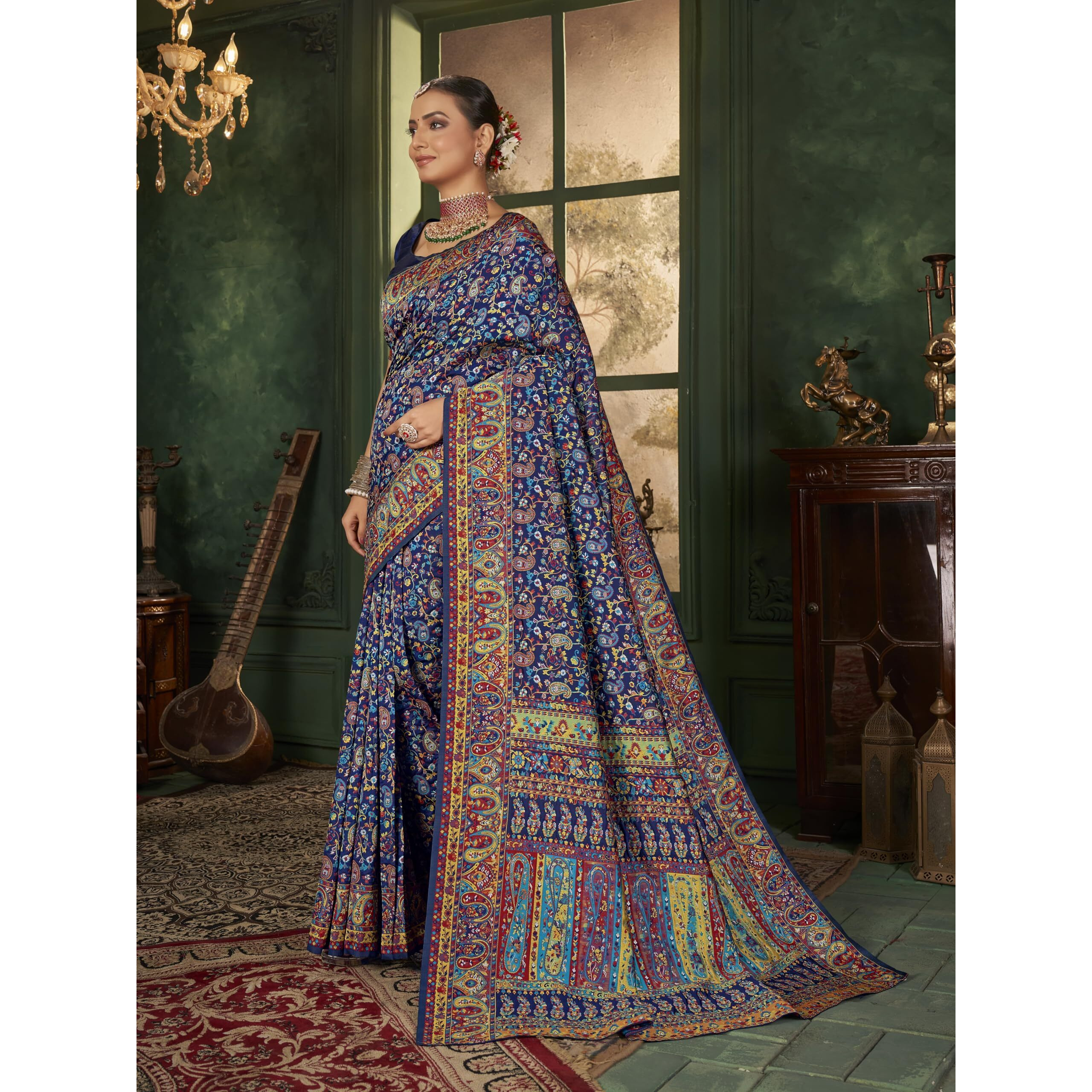Glory Sarees Women's Kashmiri Pashmina Silk Woven Saree With Blouse Piece (Heritage_Silk110_Navy)