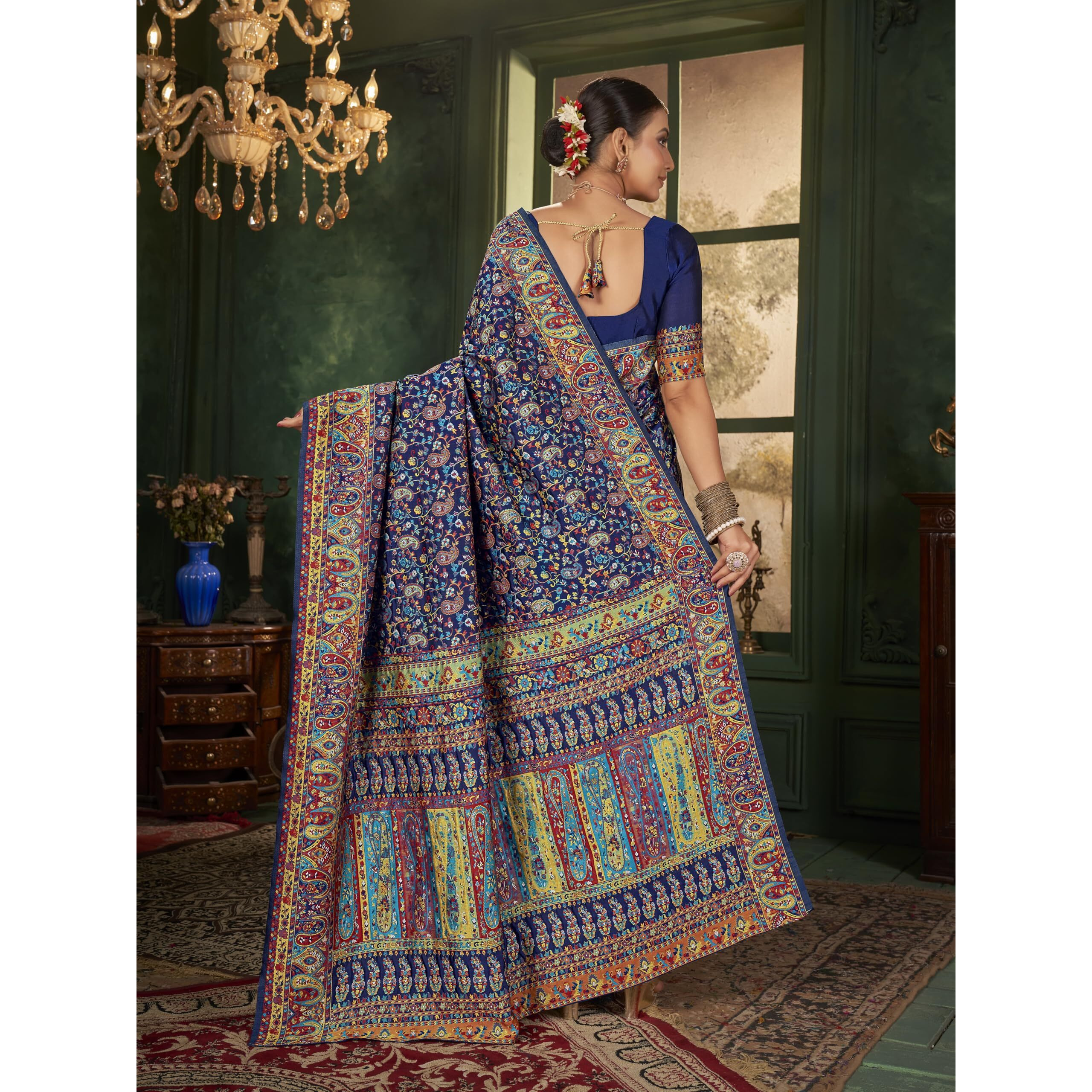 Glory Sarees Women's Kashmiri Pashmina Silk Woven Saree With Blouse Piece (Heritage_Silk110_Navy)