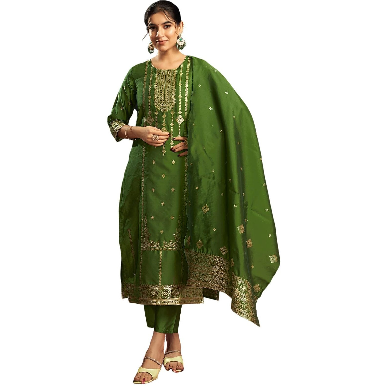 Sanisa Women's Silk Blend Jacquard Work Straight Kurta with Pant and Dupatta Set (222KBD2357N-XL_Green and Golden)