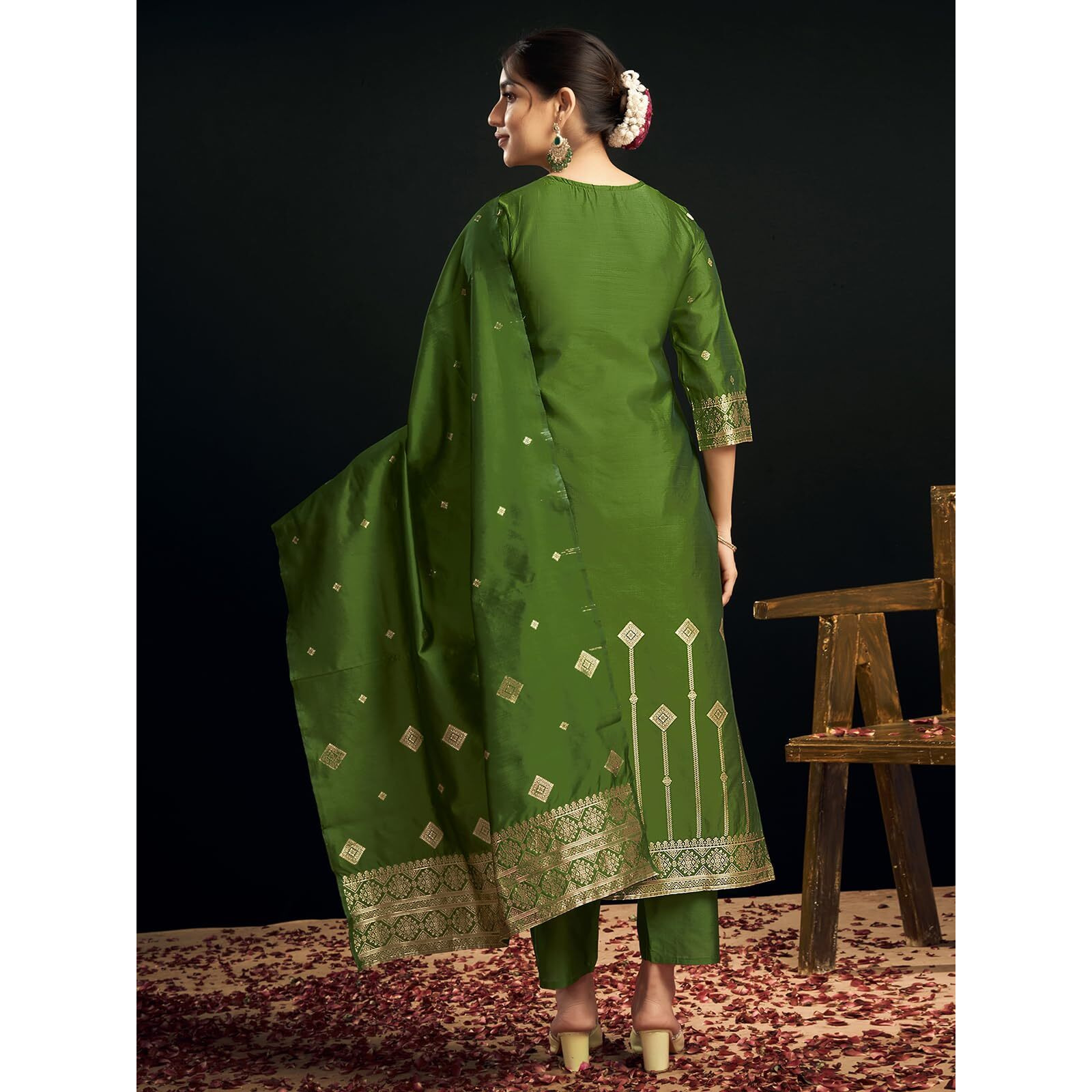 Sanisa Women's Silk Blend Jacquard Work Straight Kurta with Pant and Dupatta Set (222KBD2357N-XL_Green and Golden)
