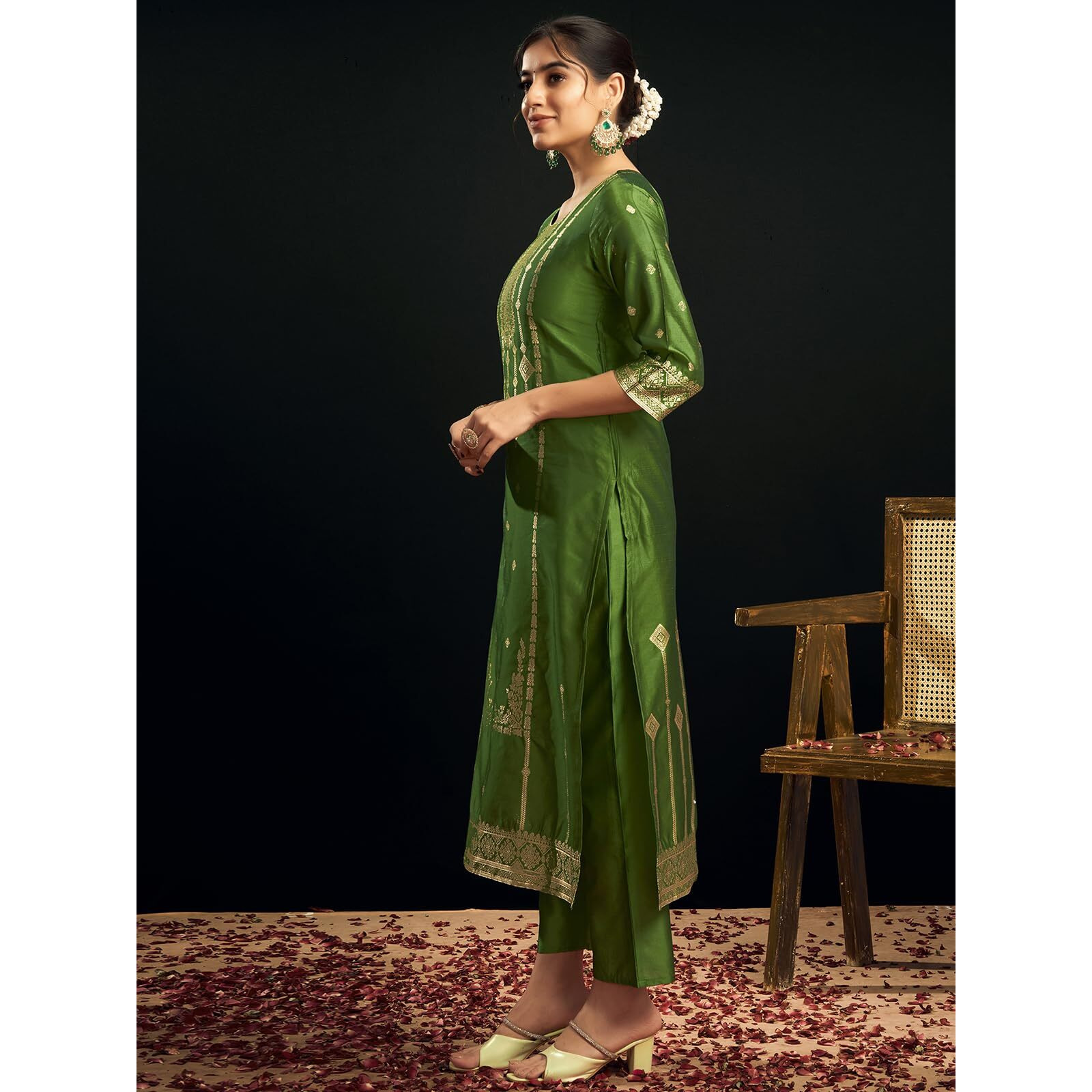 Sanisa Women's Silk Blend Jacquard Work Straight Kurta with Pant and Dupatta Set (222KBD2357N-XL_Green and Golden)