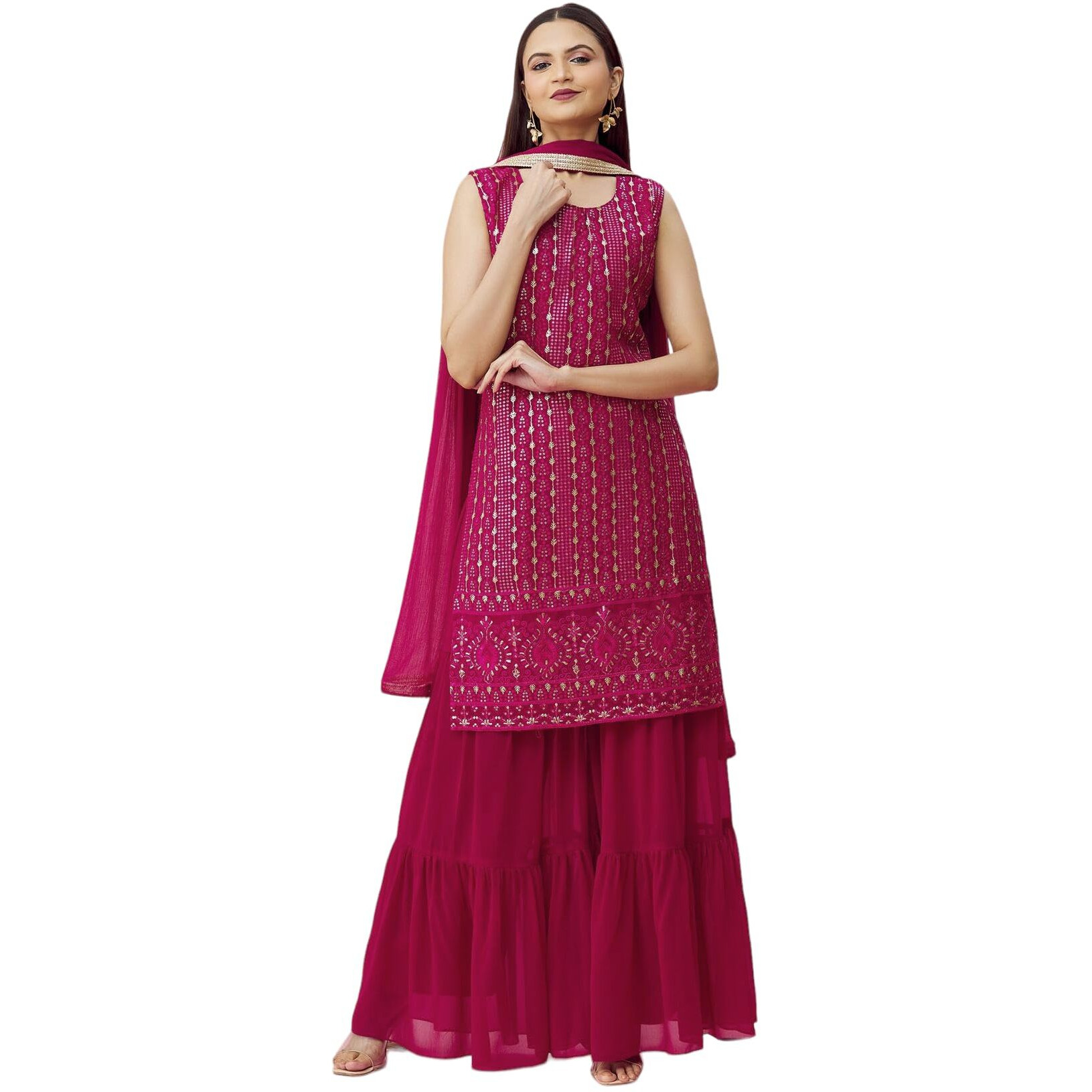 Xomantic Fashion Pink Georgette Embroidered Kurta Sharara Dupatta set (X-Small, Pink)