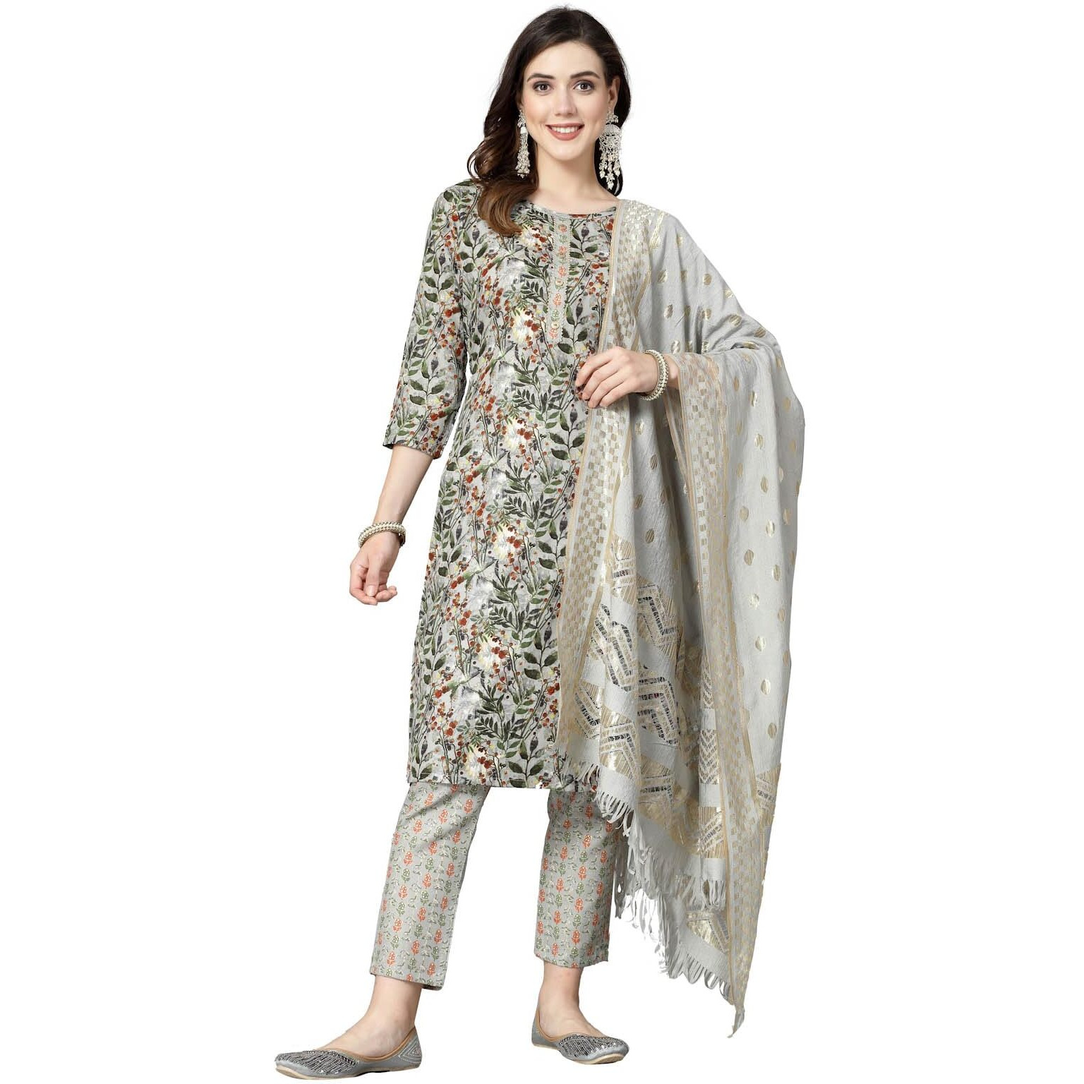 Stylum Women's Floral Printed Cotton Blend Straight Kurta Pant Dupatta Set (KPDGREENDANGAL44_Green, XXL)