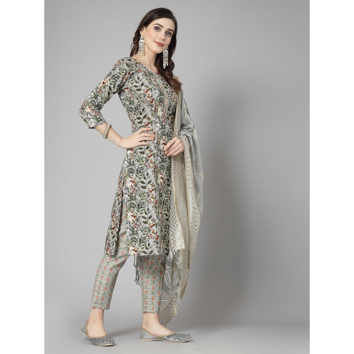 Stylum Women's Floral Printed Cotton Blend Straight Kurta Pant Dupatta Set (KPDGREENDANGAL44_Green, XXL)