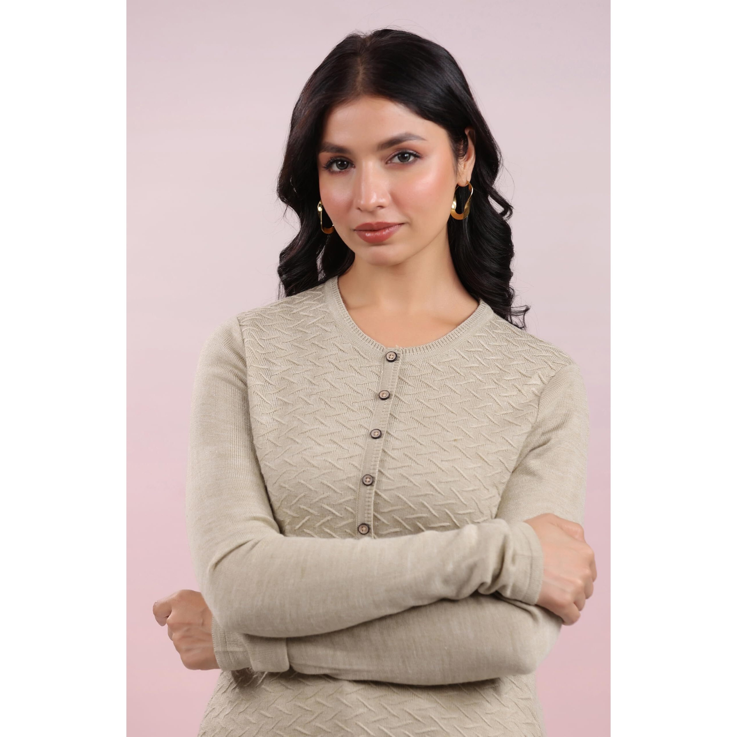 Janasya Women's Beige Woolen Textured Straight Winter Kurta (JAB24KR01158-XL)