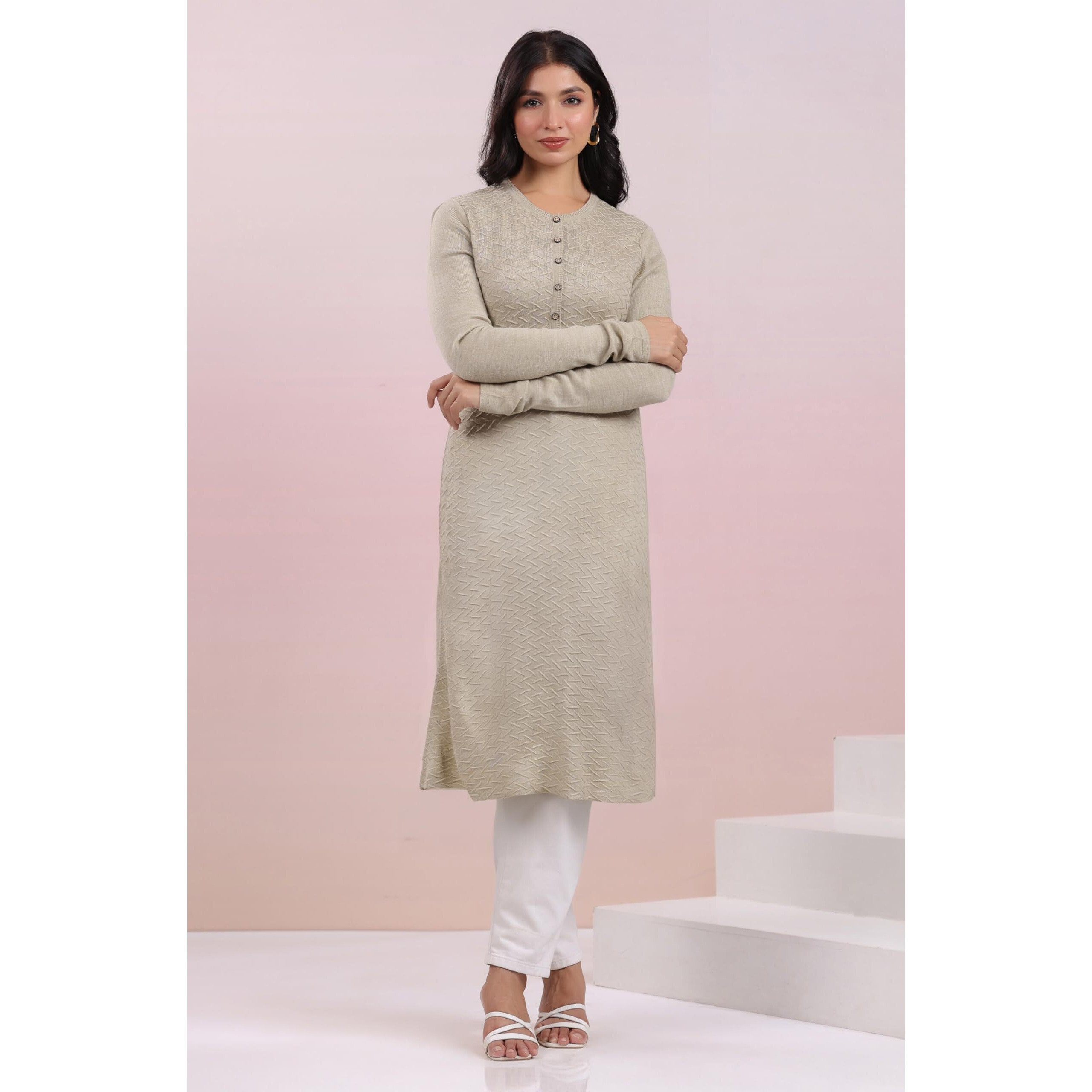 Janasya Women's Beige Woolen Textured Straight Winter Kurta (JAB24KR01158-XL)