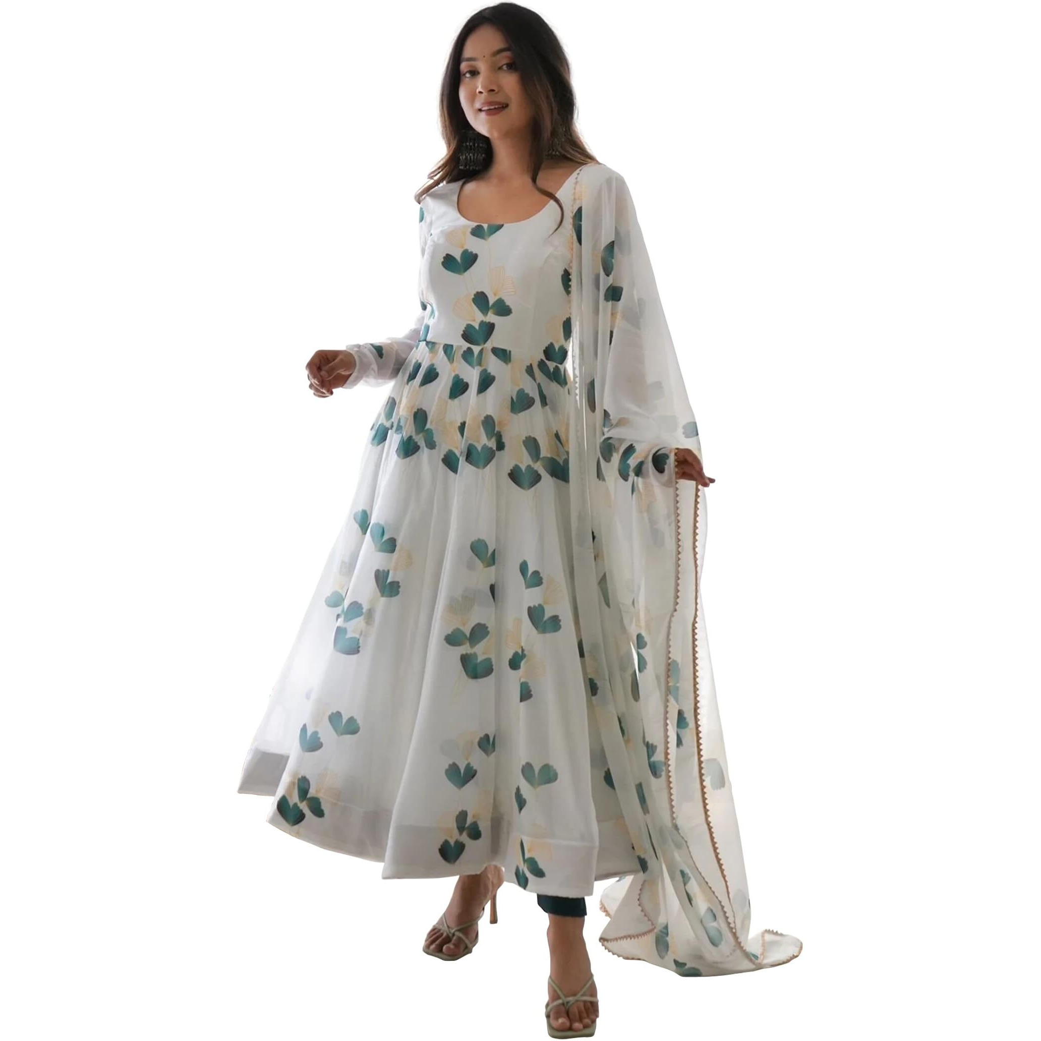 Shasmi Women's White Green Georgette Anarkali Floral Printed Kurta with Pant & Dupatta (Dress 114 White Green 2XL)