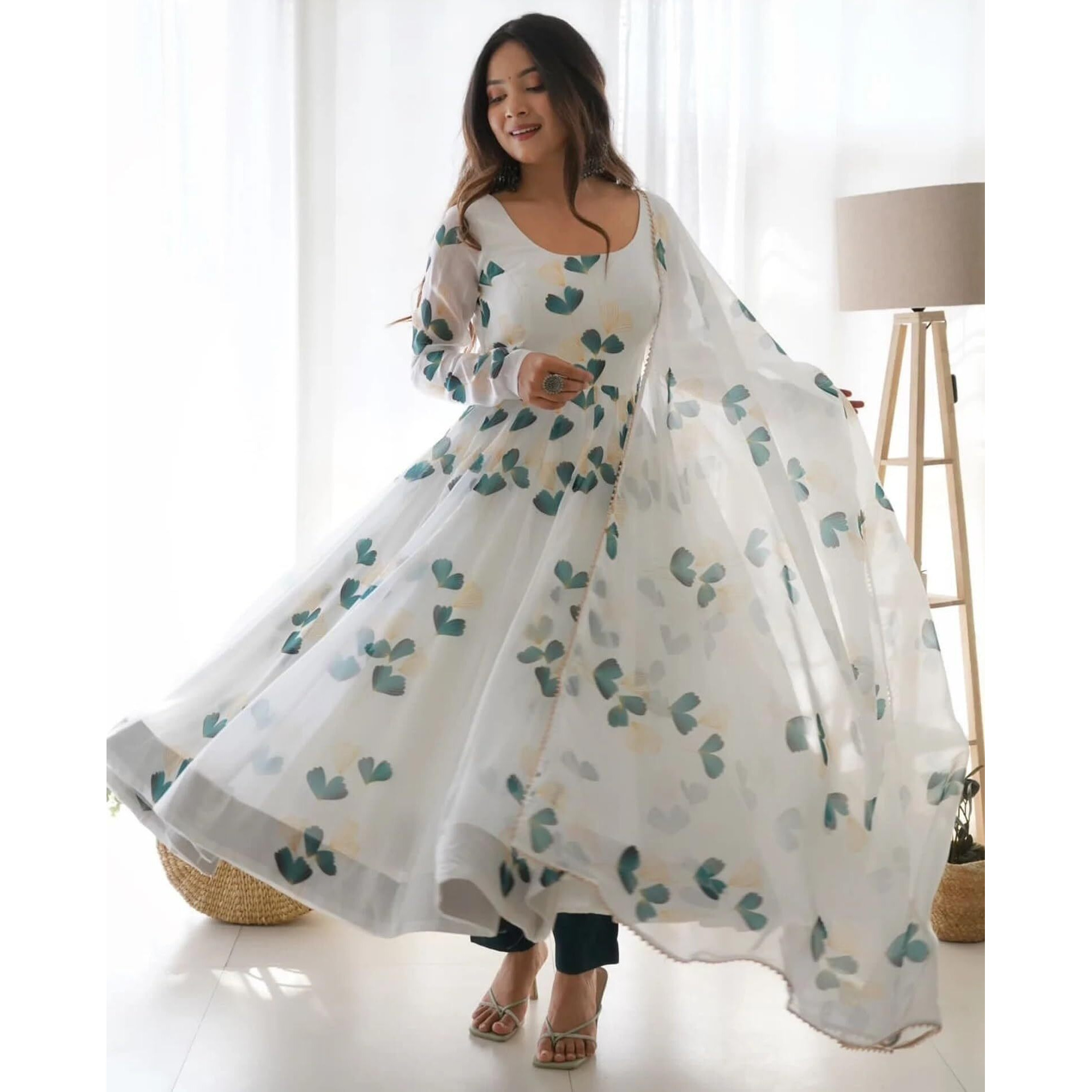 Shasmi Women's White Green Georgette Anarkali Floral Printed Kurta with Pant & Dupatta (Dress 114 White Green 2XL)