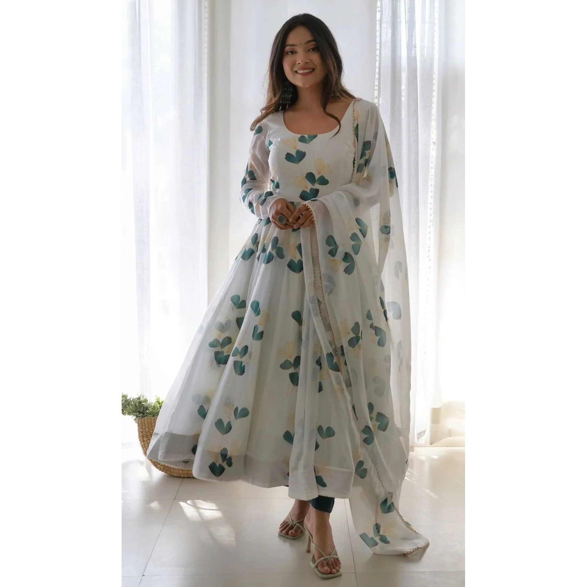 Shasmi Women's White Green Georgette Anarkali Floral Printed Kurta with Pant & Dupatta (Dress 114 White Green 2XL)