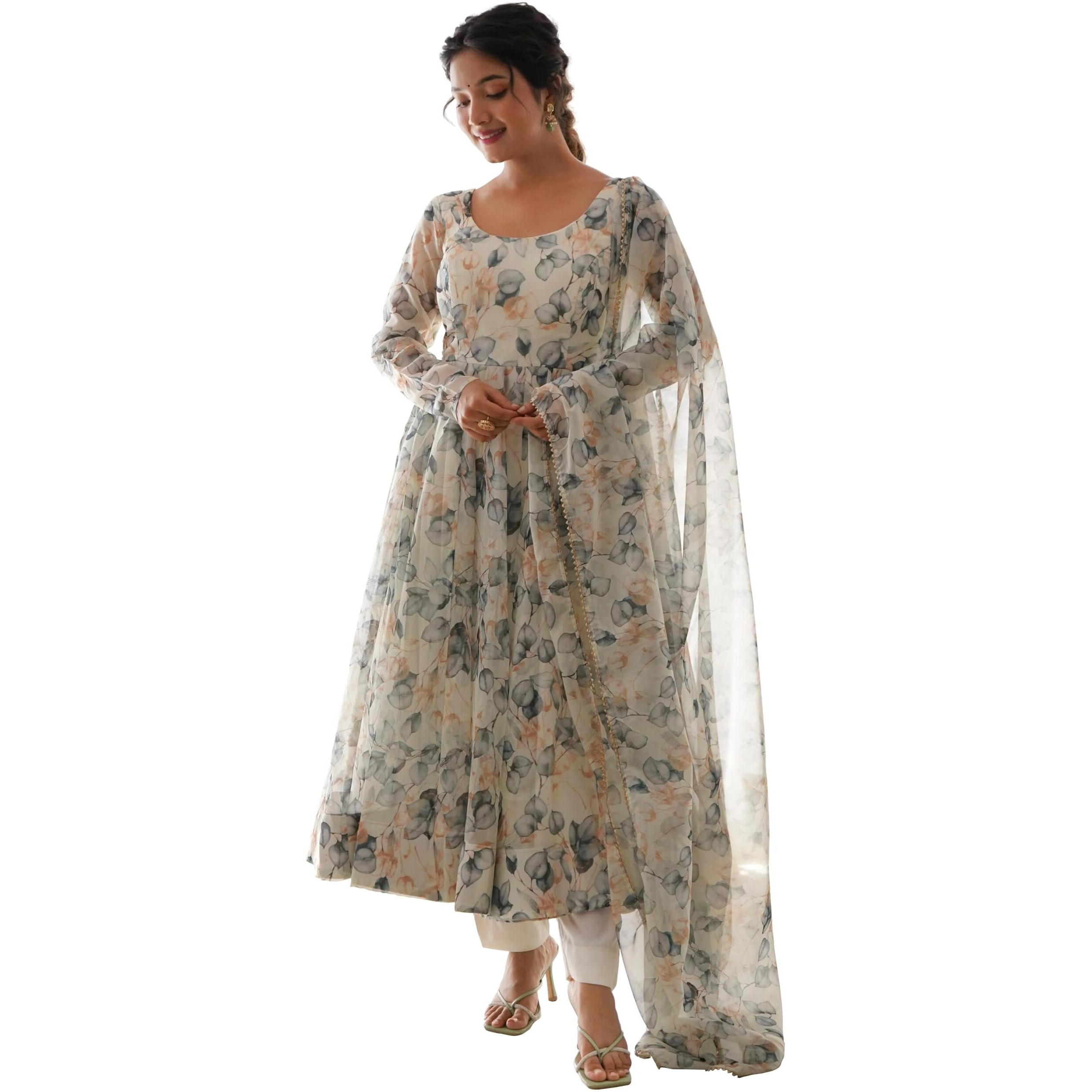 Shasmi Women's White Grey Georgette Anarkali Floral Printed Kurta with Pant & Dupatta (Dress 114 White Grey 3XL)