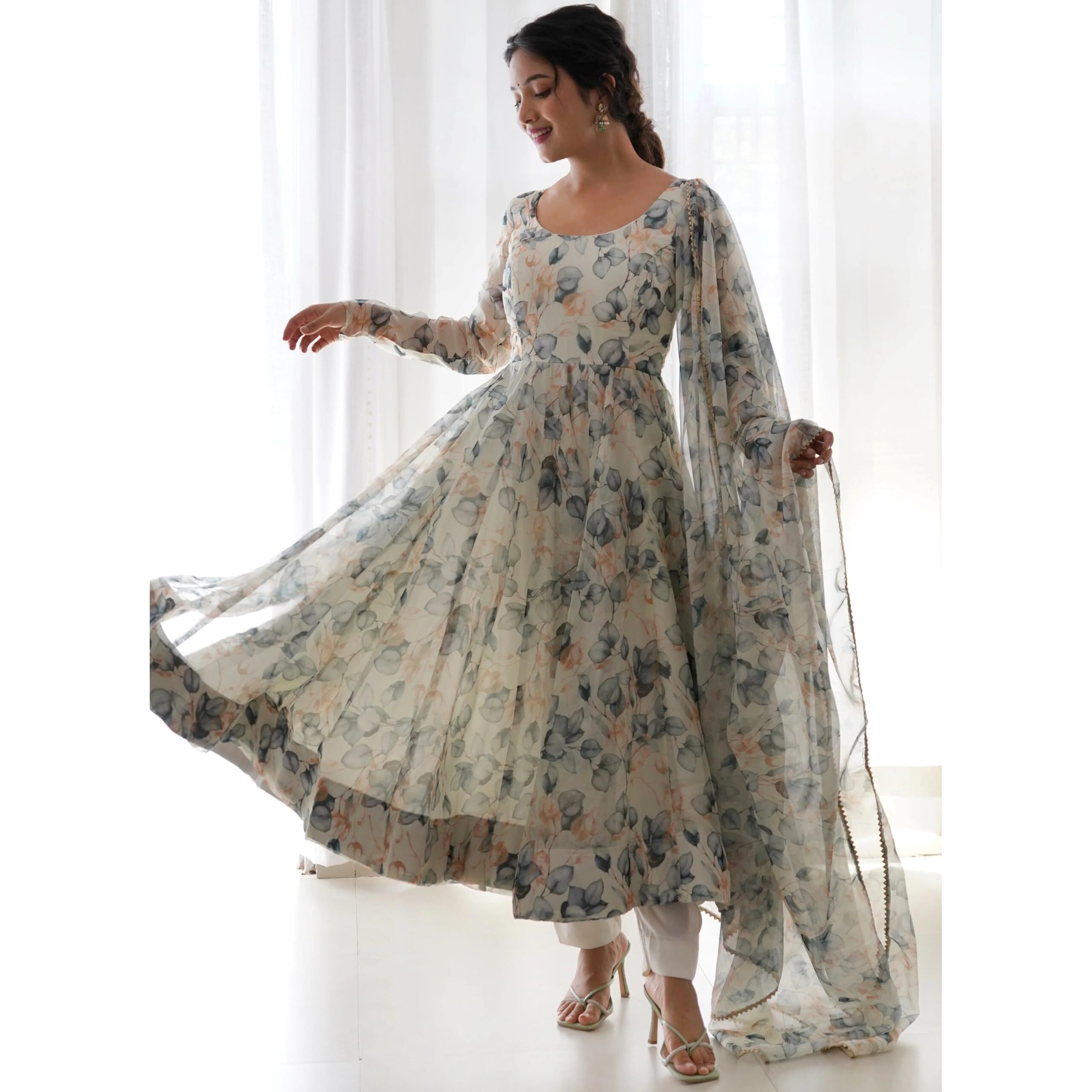 Shasmi Women's White Grey Georgette Anarkali Floral Printed Kurta with Pant & Dupatta (Dress 114 White Grey 3XL)