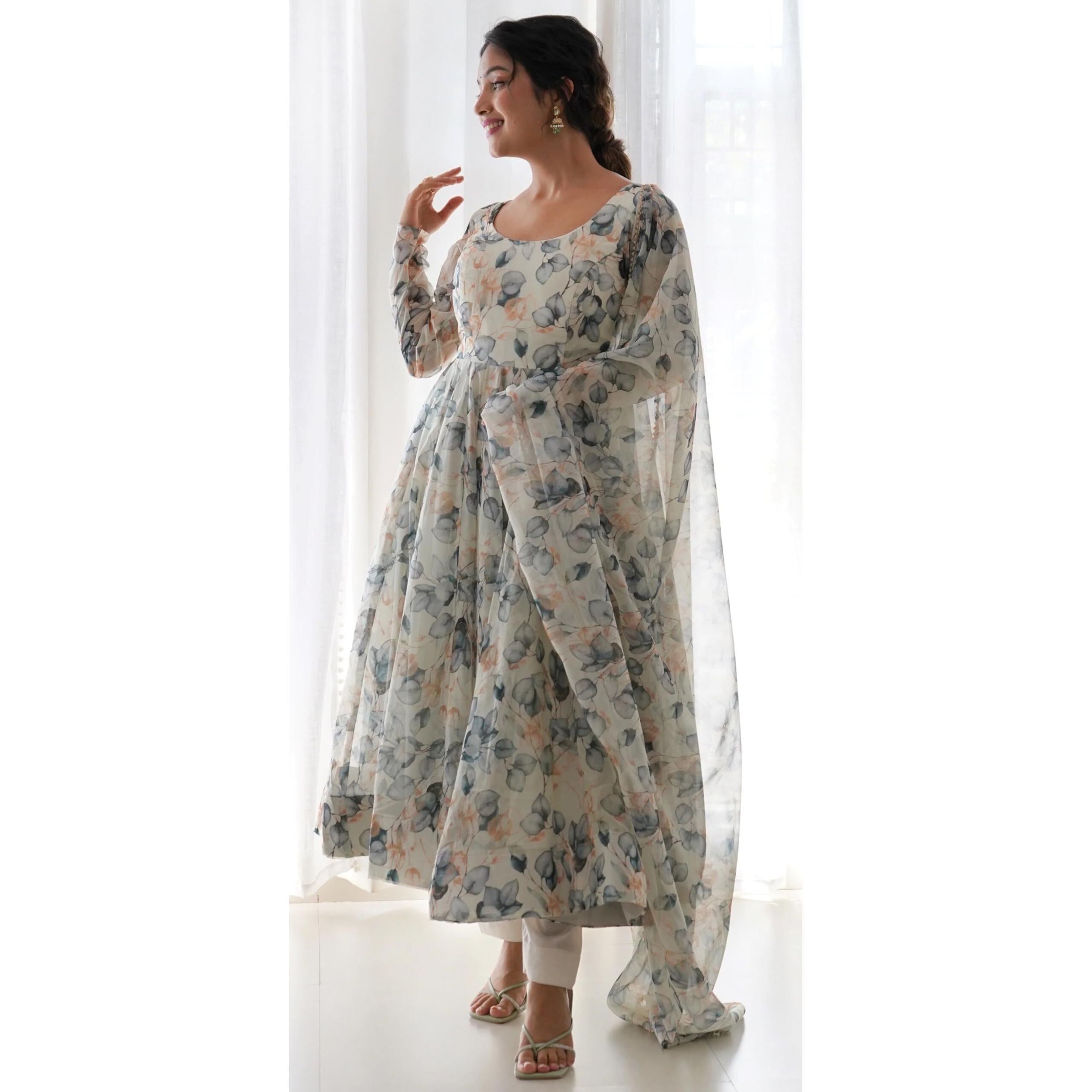 Shasmi Women's White Grey Georgette Anarkali Floral Printed Kurta with Pant & Dupatta (Dress 114 White Grey 3XL)