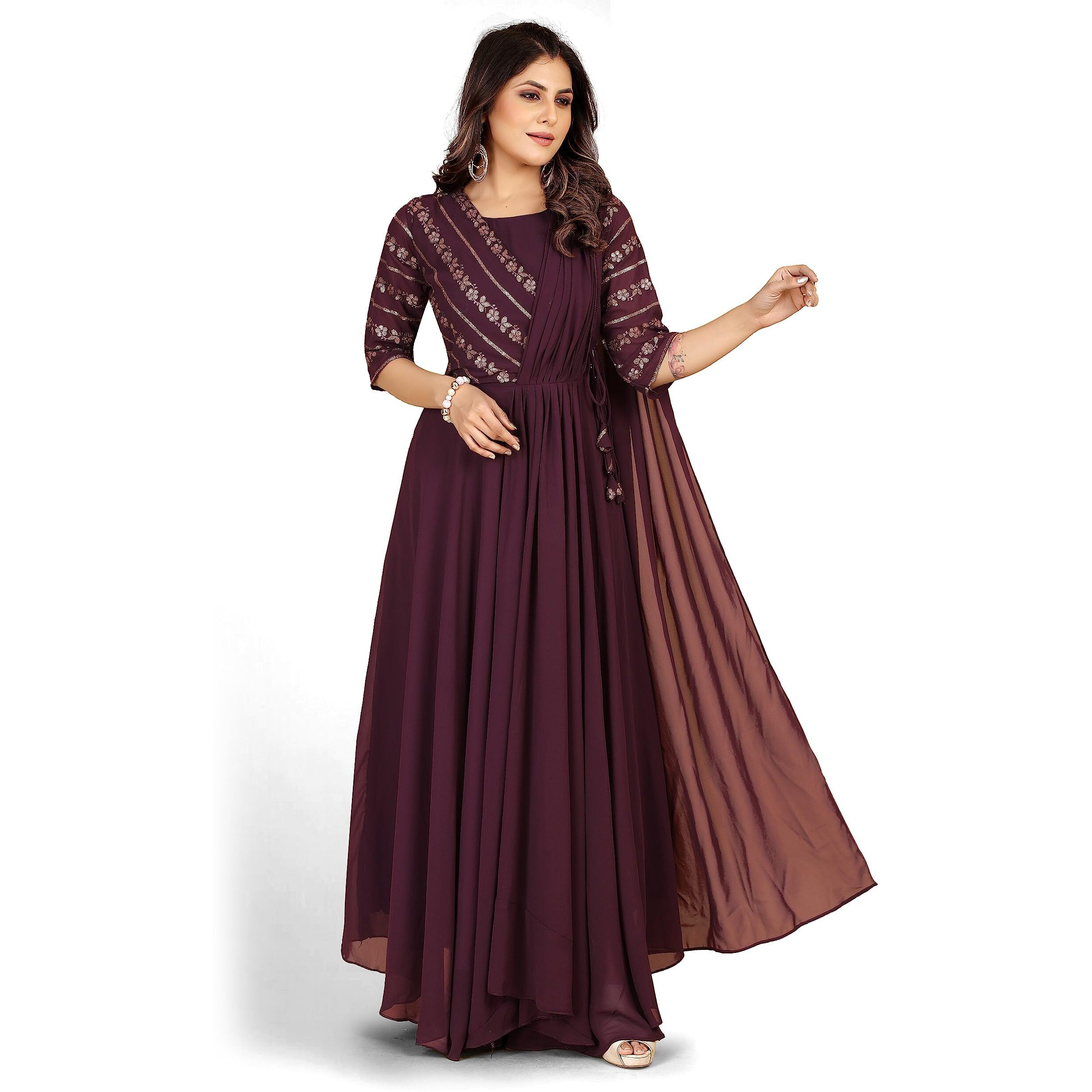 ROYALICA Gown for Women - Georgette Matt Sequence Embroidery Regular Fit A-Line Gown with Attached Dupatta for Women ((Large, Purple)