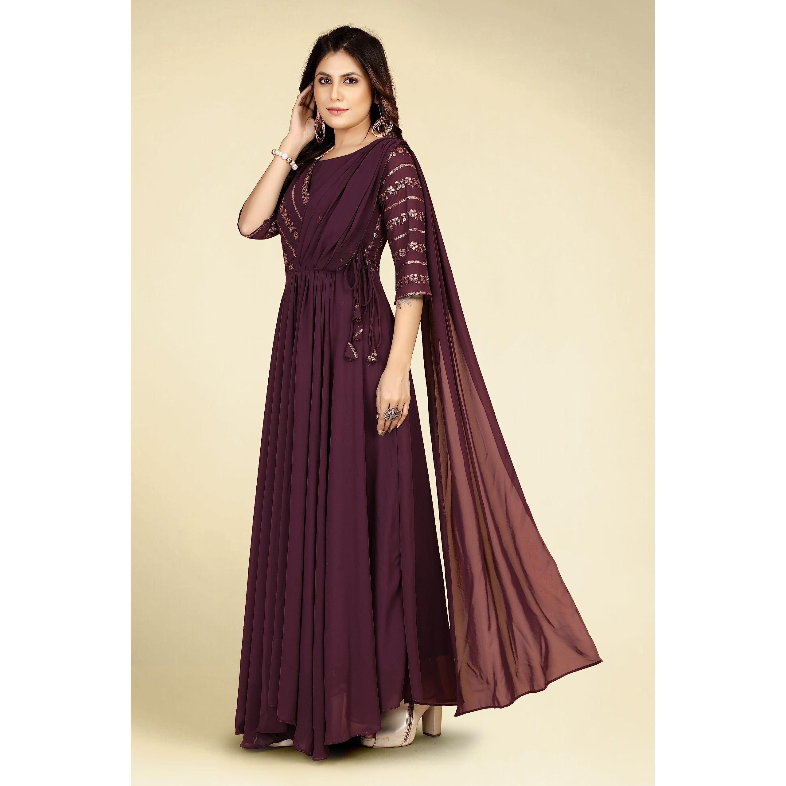 ROYALICA Gown for Women - Georgette Matt Sequence Embroidery Regular Fit A-Line Gown with Attached Dupatta for Women ((Large, Purple)