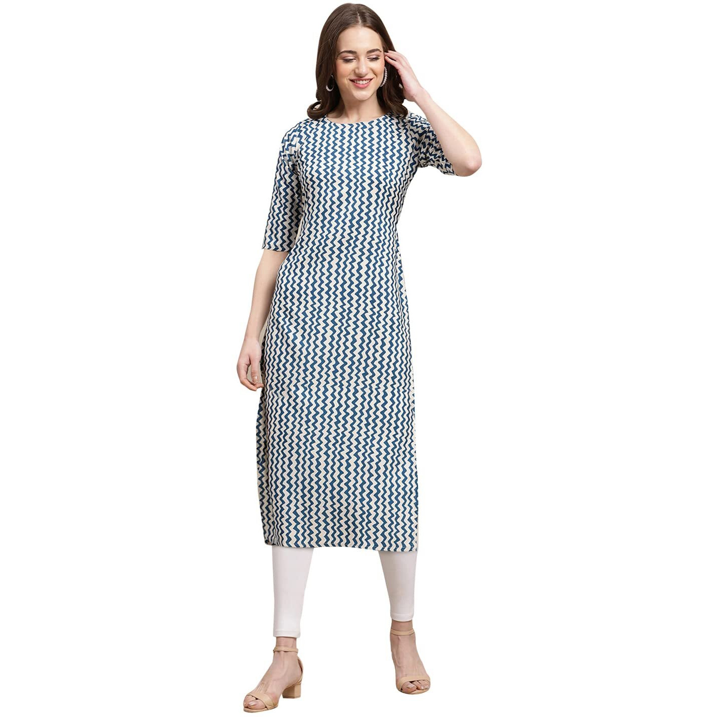 Pinkmint Women's Crepe Regular Kurta (530331_Blue & Off White_L)