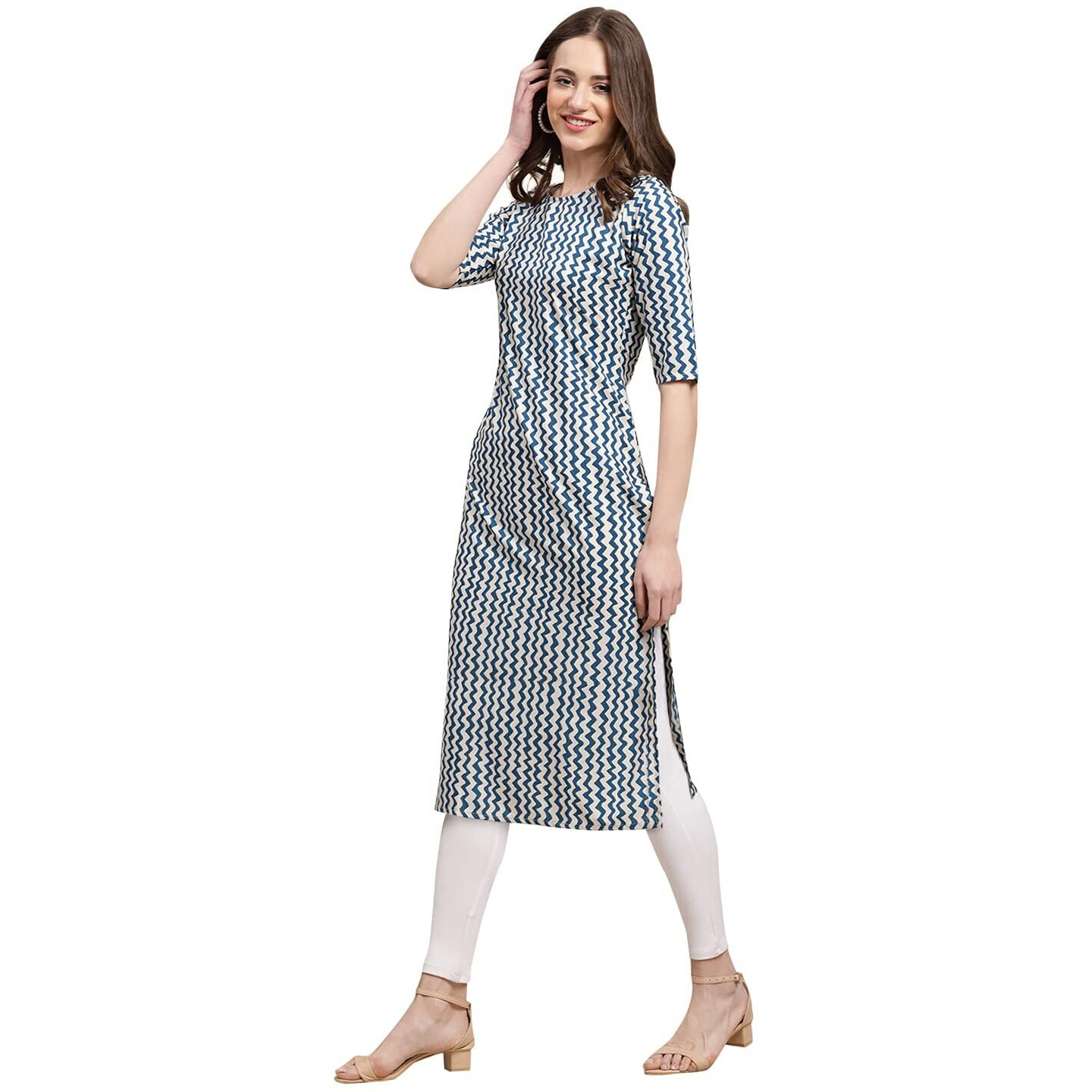 Pinkmint Women's Crepe Regular Kurta (530331_Blue & Off White_L)