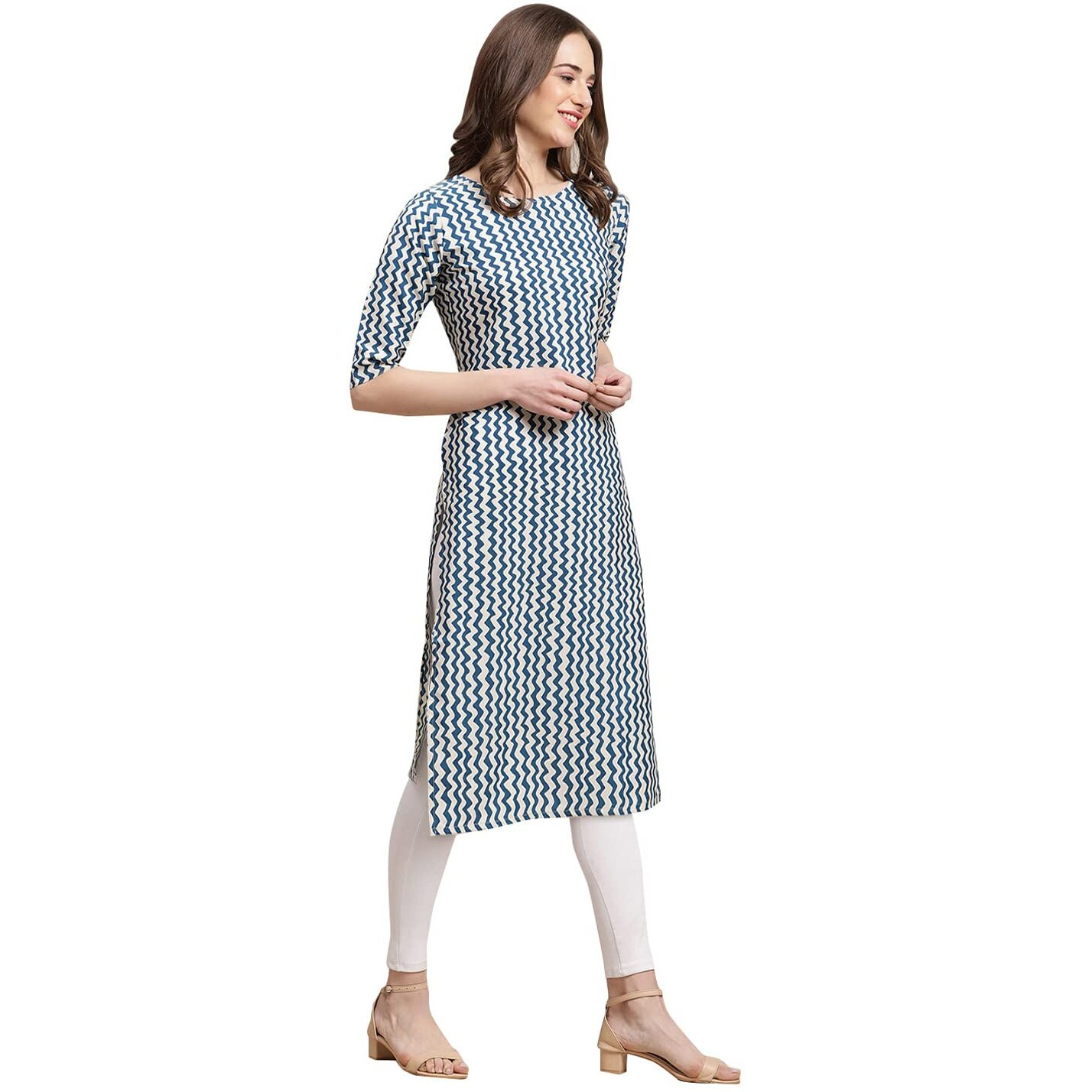 Pinkmint Women's Crepe Regular Kurta (530331_Blue & Off White_L)