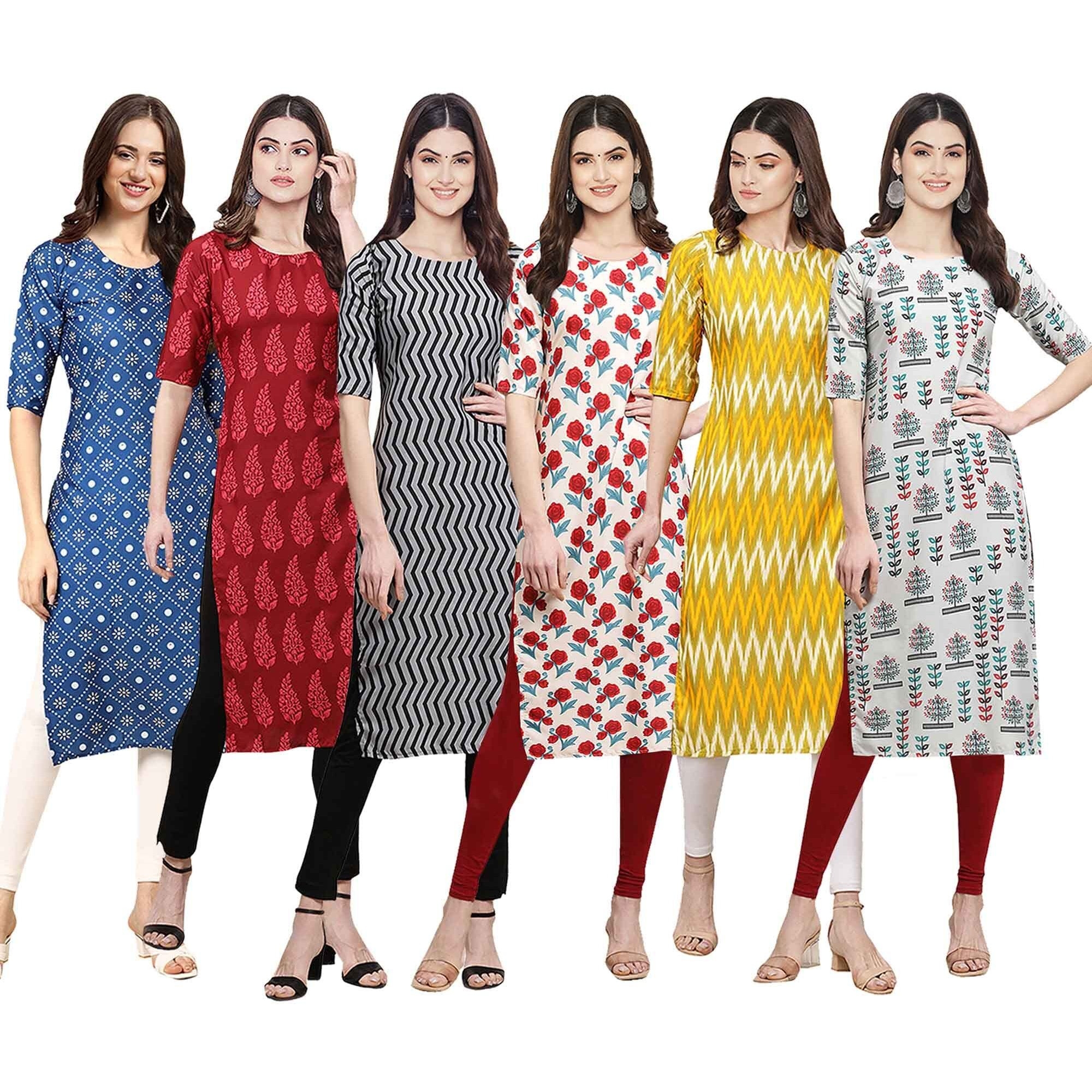 Pinkmint Women's Crepe Digital Print Straight Kurta [Pack of 6] (CKE-353-337-336-342-329-340-S)