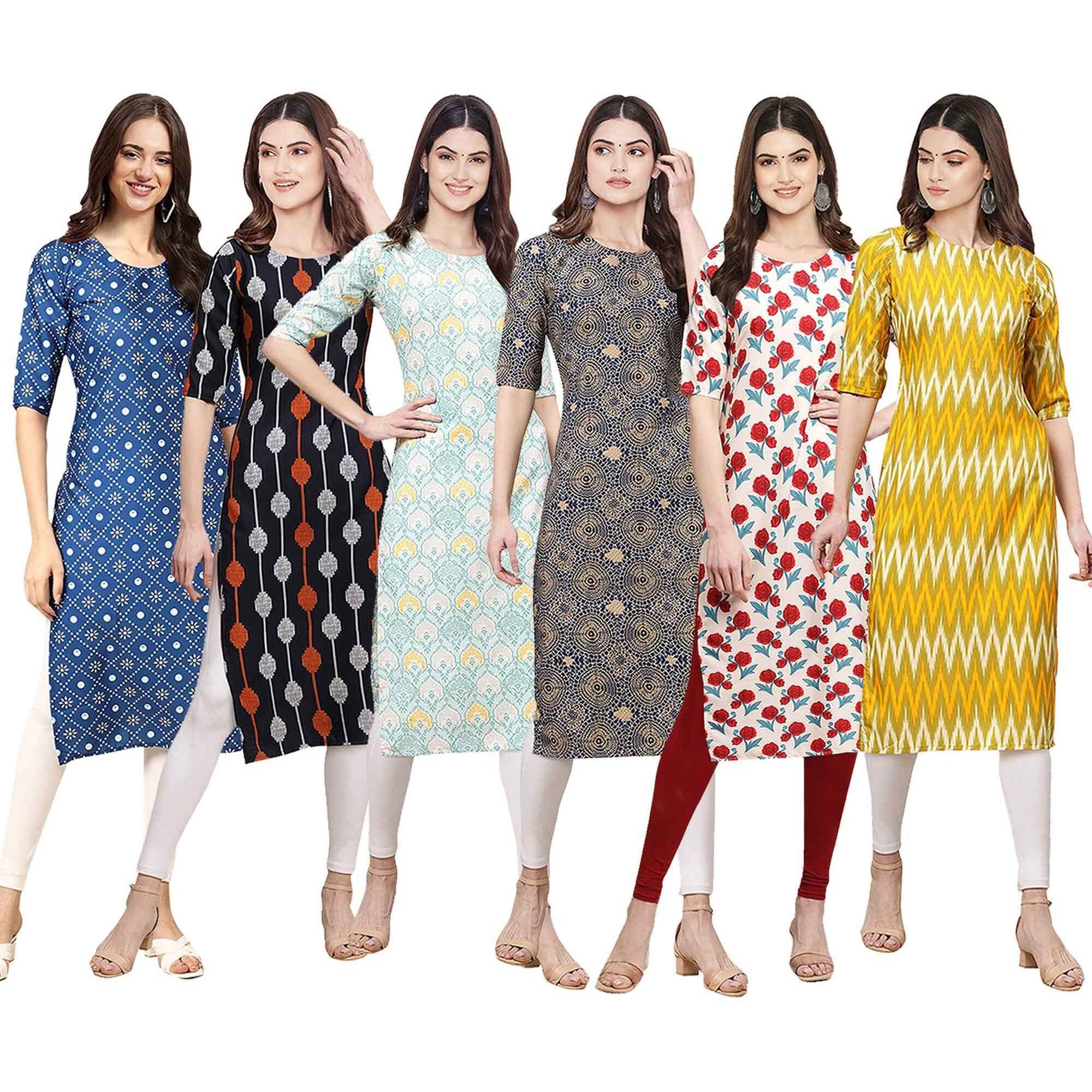 Pinkmint Women's Crepe Digital Print Straight Kurta [Pack of 6] (CKE-353-330-343-341-342-329-M)