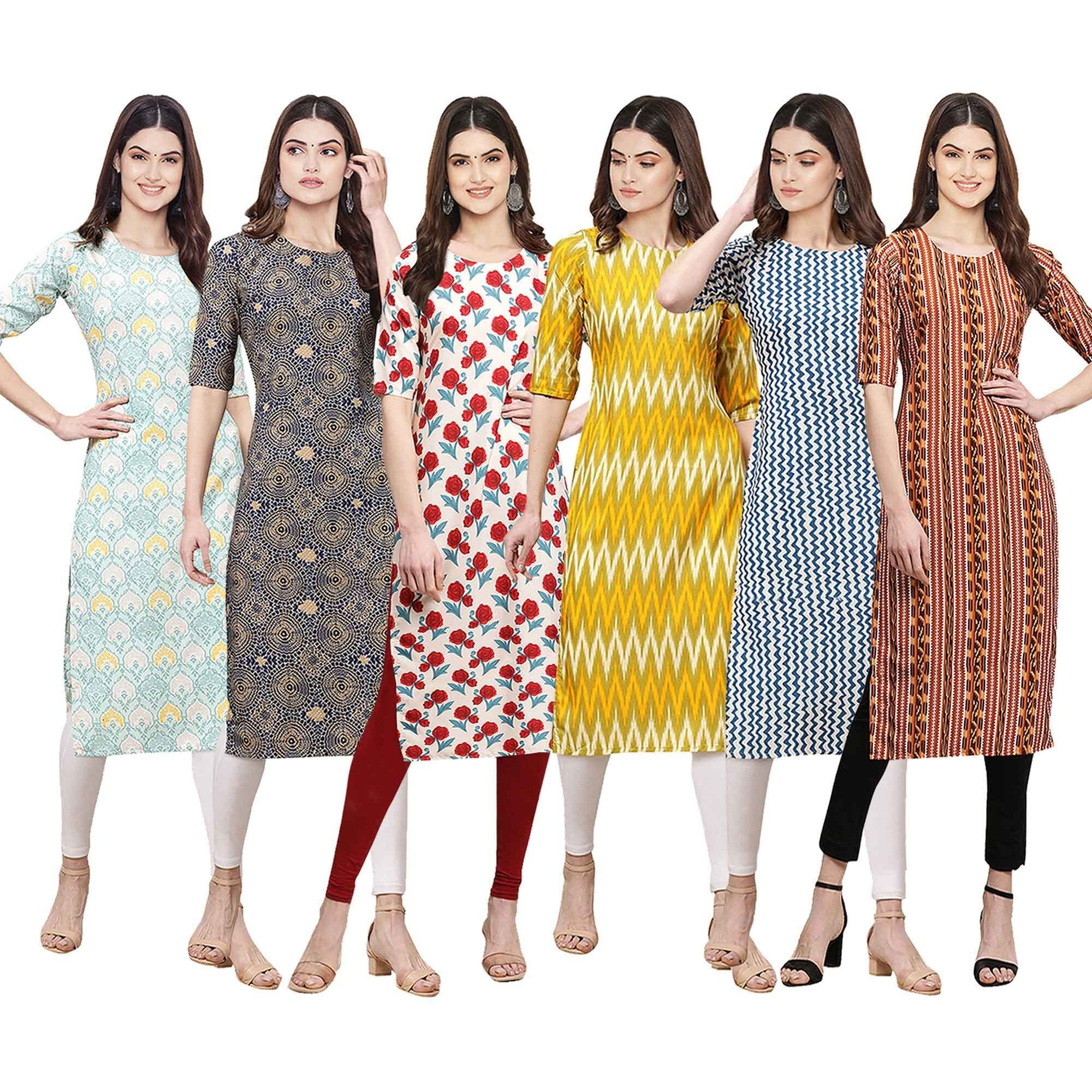 Pinkmint Women's Crepe Digital Print Straight Kurta [Pack of 6] (CKE-343-341-342-329-331-344-XL)