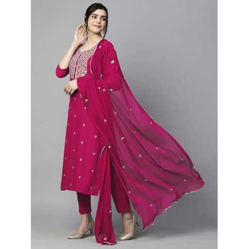 ANNI DESIGNER Women's Cotton Blend Embroidered Straight Kurta with Pant & Dupatta (Kasturi Pink-APL_M_Pink_Medium)