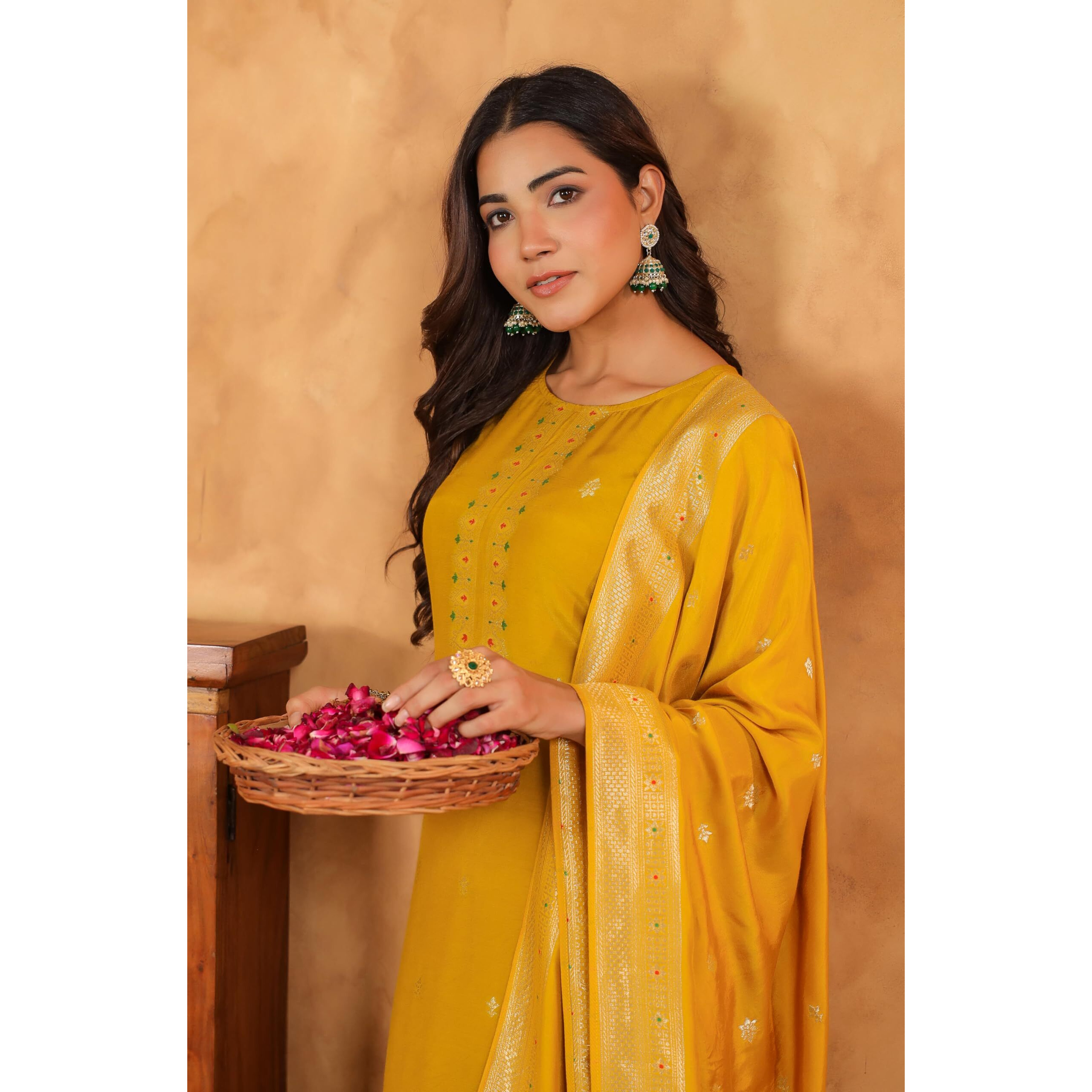 Janasya Women's Mustard Silk Blend Jacquard Paithani Style Straight Kurta Set (JAC24ST01617-XL)
