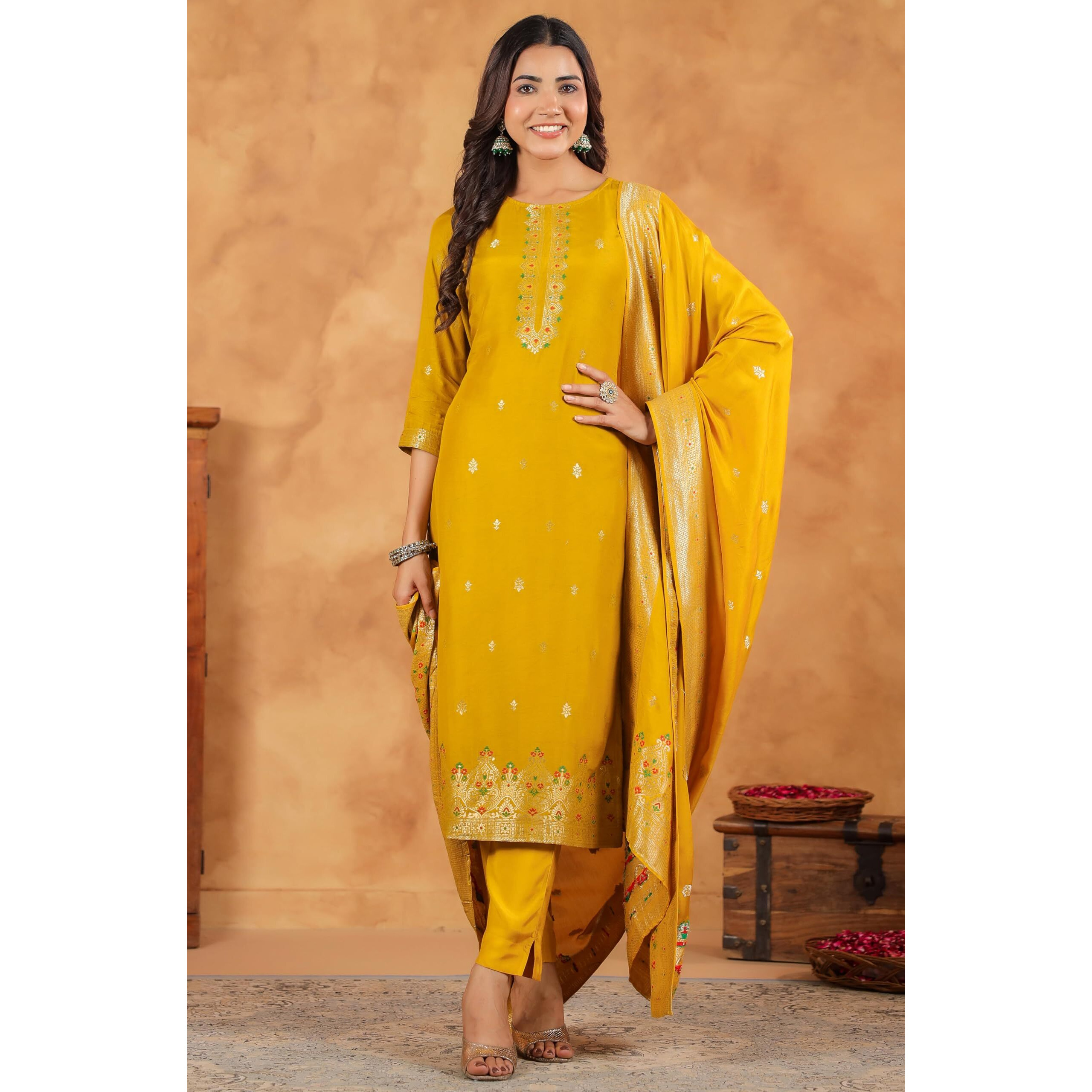 Janasya Women's Mustard Silk Blend Jacquard Paithani Style Straight Kurta Set (JAC24ST01617-XL)