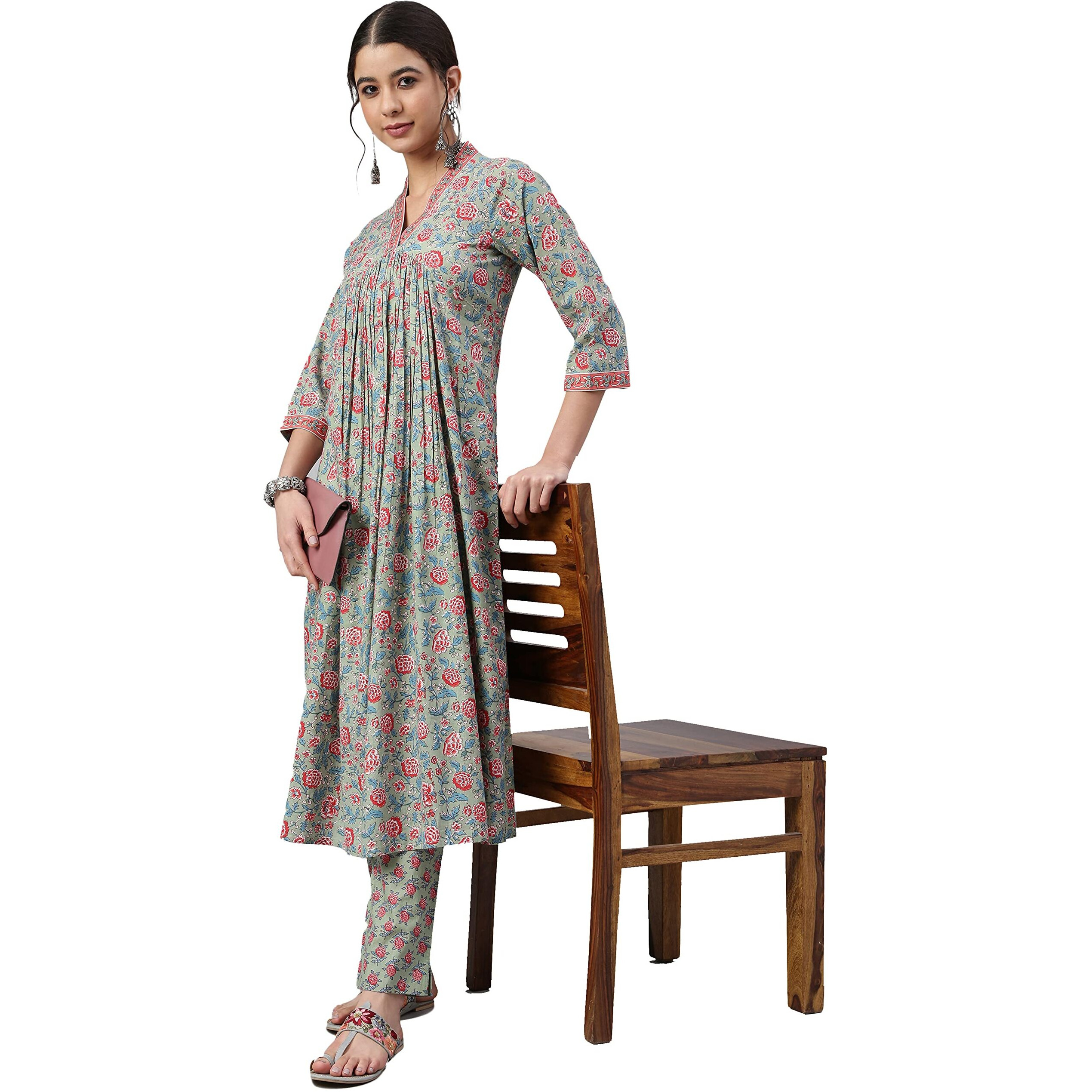 Janasya Women's Sea Green Cotton Floral Print Kurta with Pant