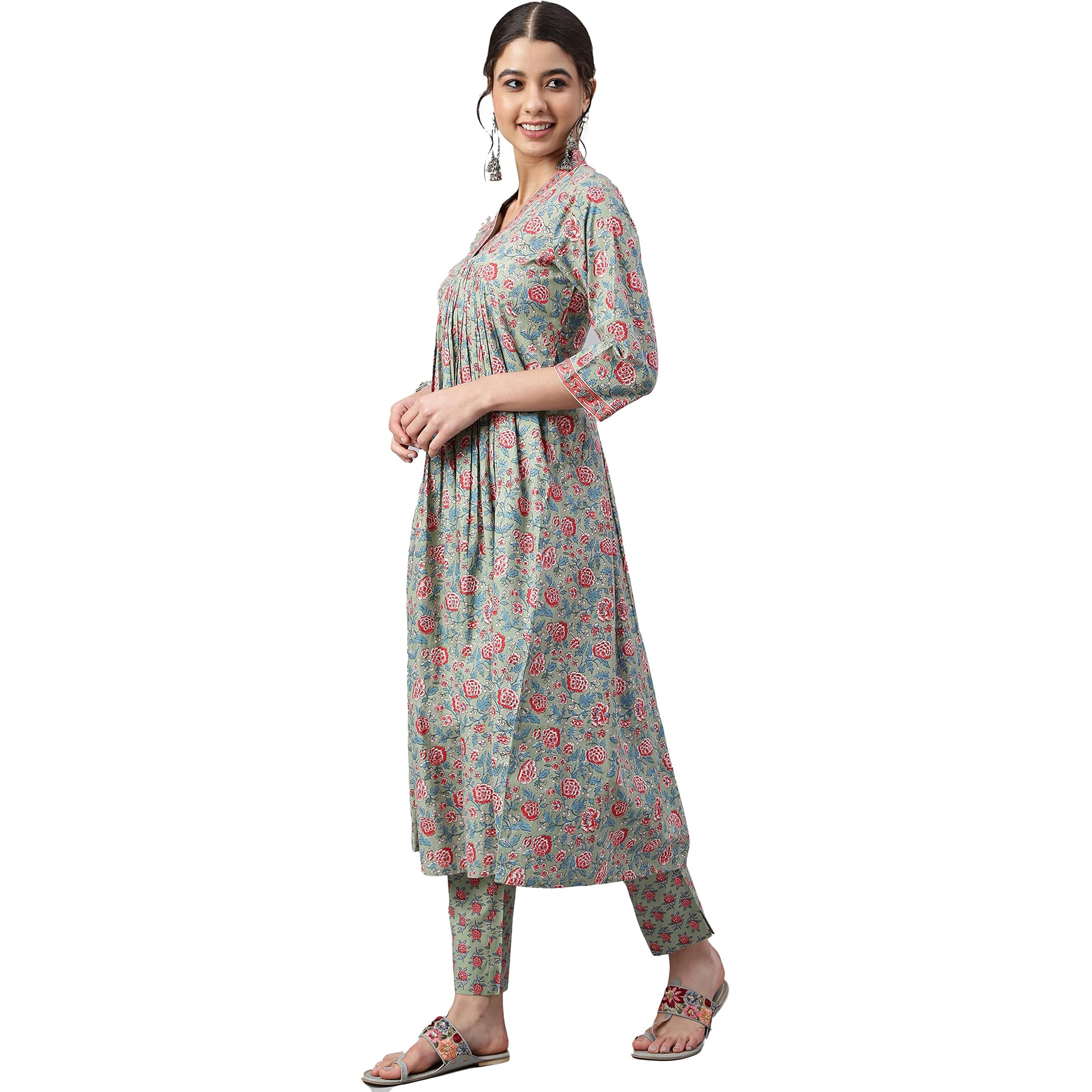 Janasya Women's Sea Green Cotton Floral Print Kurta with Pant