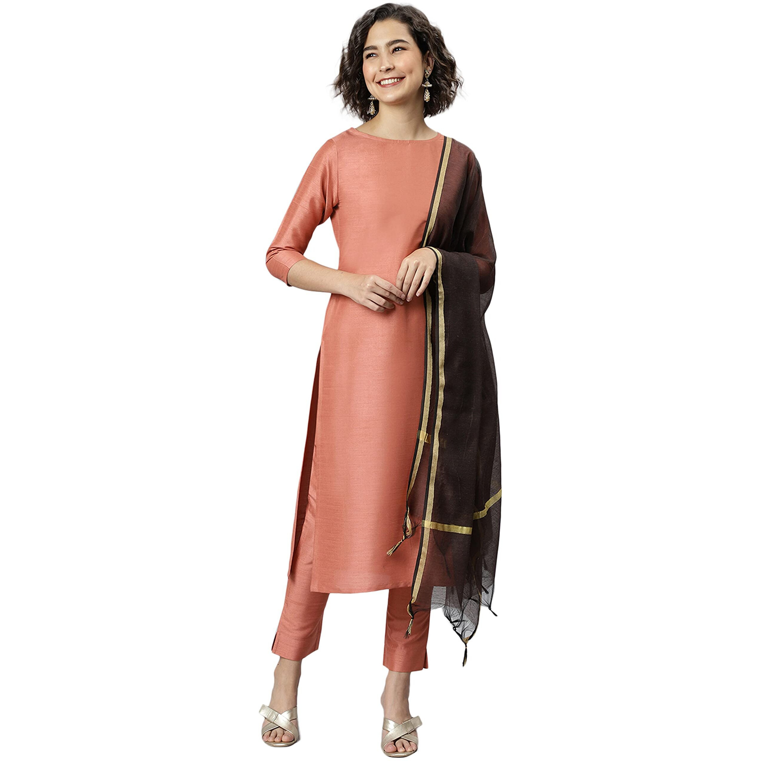 Janasya Women's Peach Poly Silk Solid Kurta with Pant and Dupatta