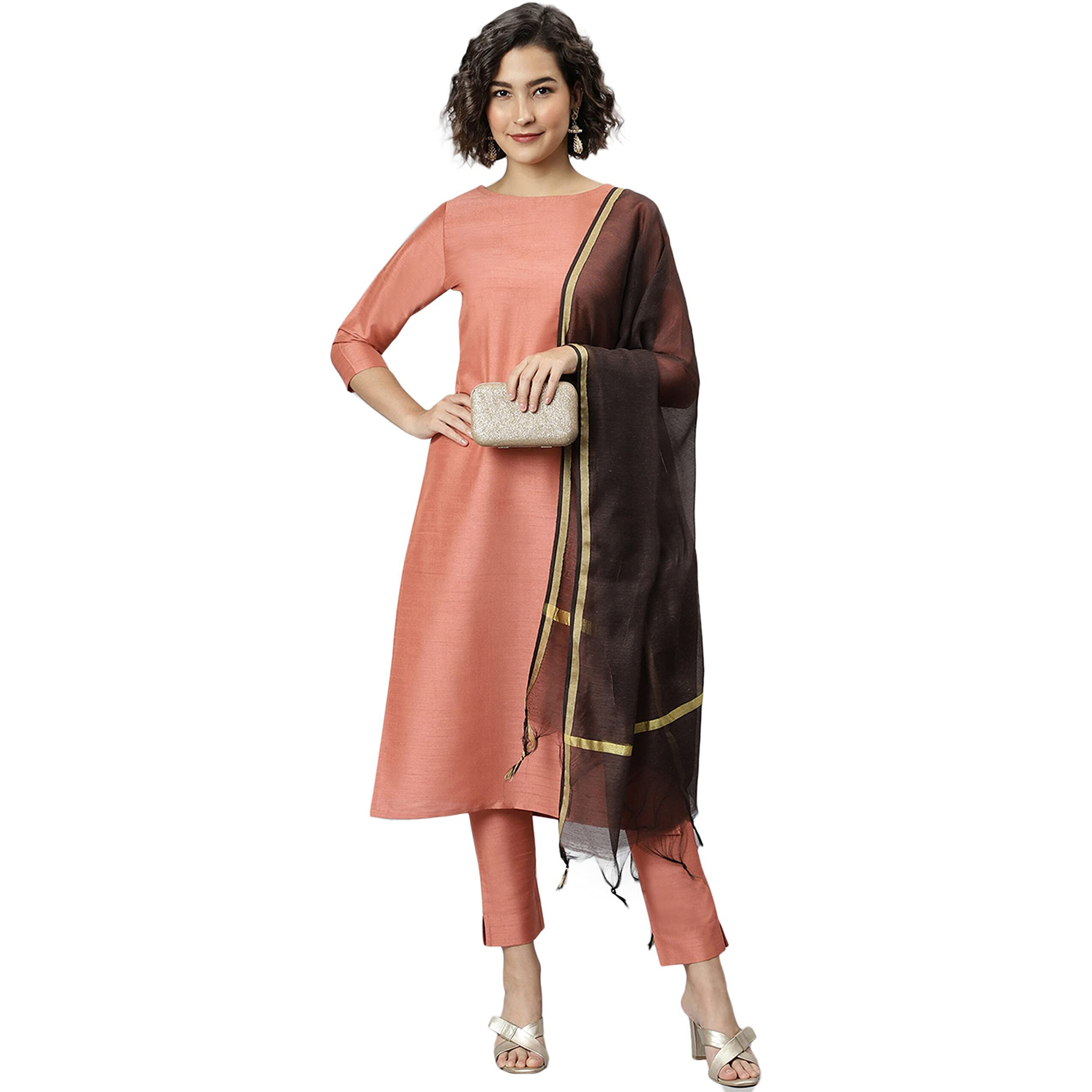 Janasya Women's Peach Poly Silk Solid Kurta with Pant and Dupatta