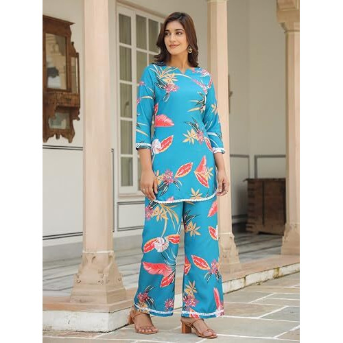 GRECIILOOKS Rayon Printed Classic Women Co-ord Set (GL-W2164&TR1130_Blue