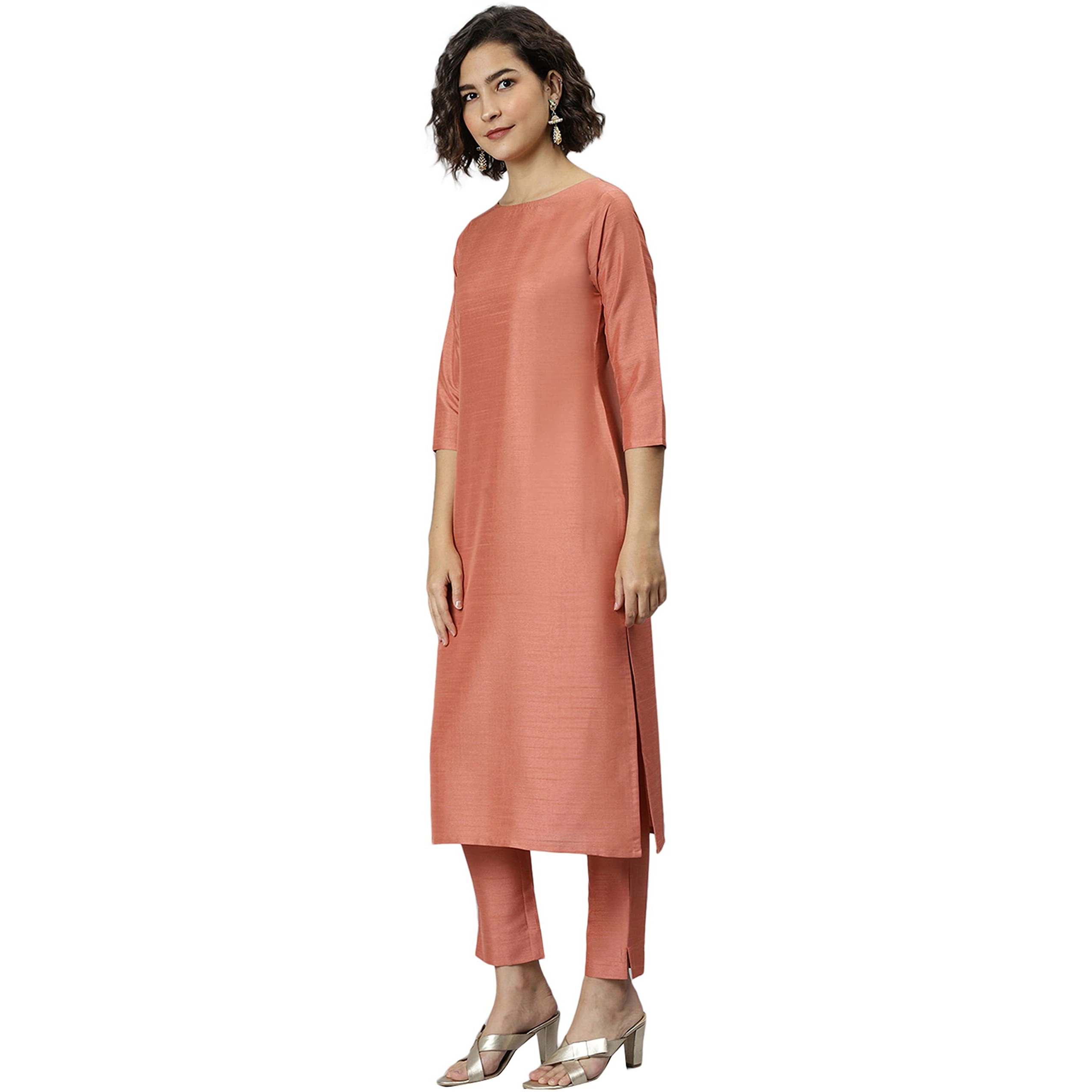 Janasya Women's Peach Poly Silk Solid Kurta with Pant and Dupatta