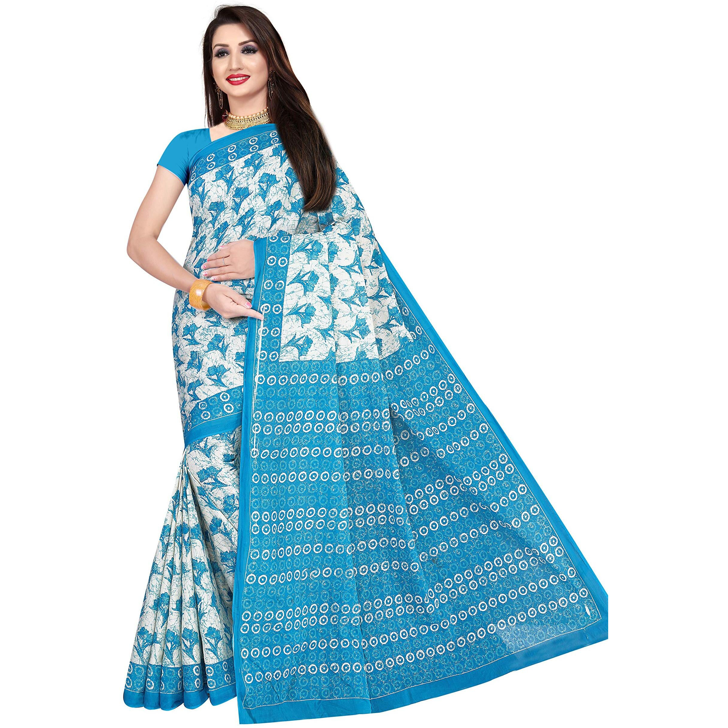 TAMAIRA FASHION Women's pure cotton saree without blouse piece (1338_Turquoise_Malmal)
