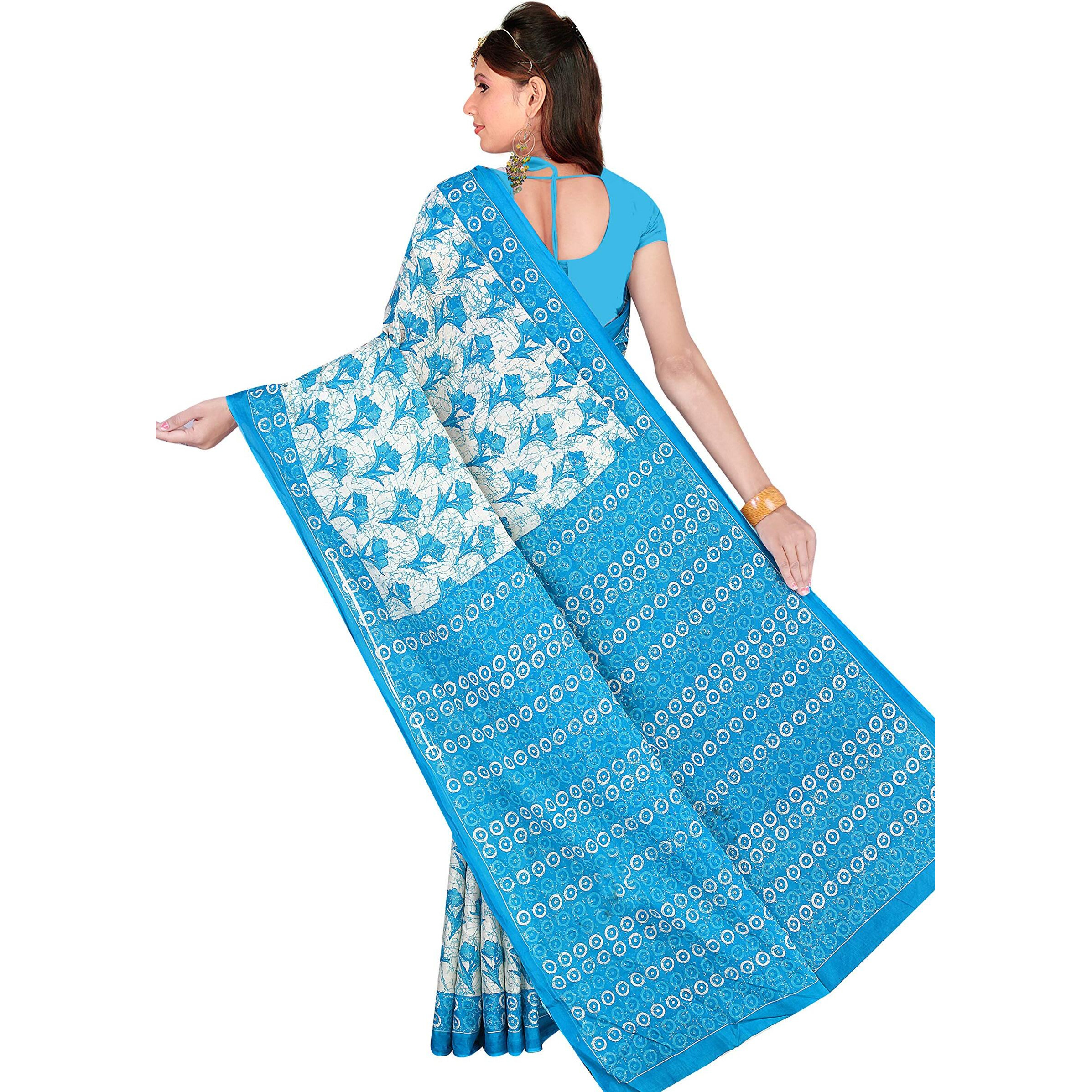 TAMAIRA FASHION Women's pure cotton saree without blouse piece (1338_Turquoise_Malmal)